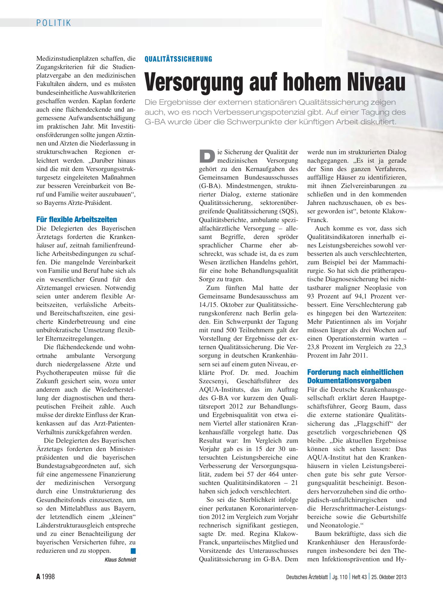 Vorschauseite 1: Qualitätssicherung: Versorgung auf hohem Niveau – Deutsches Ärzteblatt