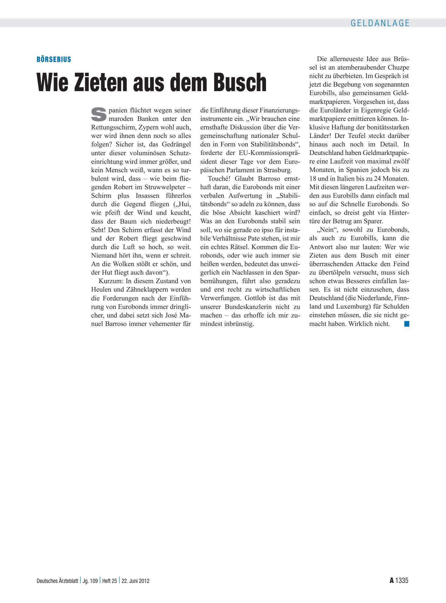 Vorschauseite 1: Börsebius: Wie Zieten aus dem Busch – Deutsches Ärzteblatt
