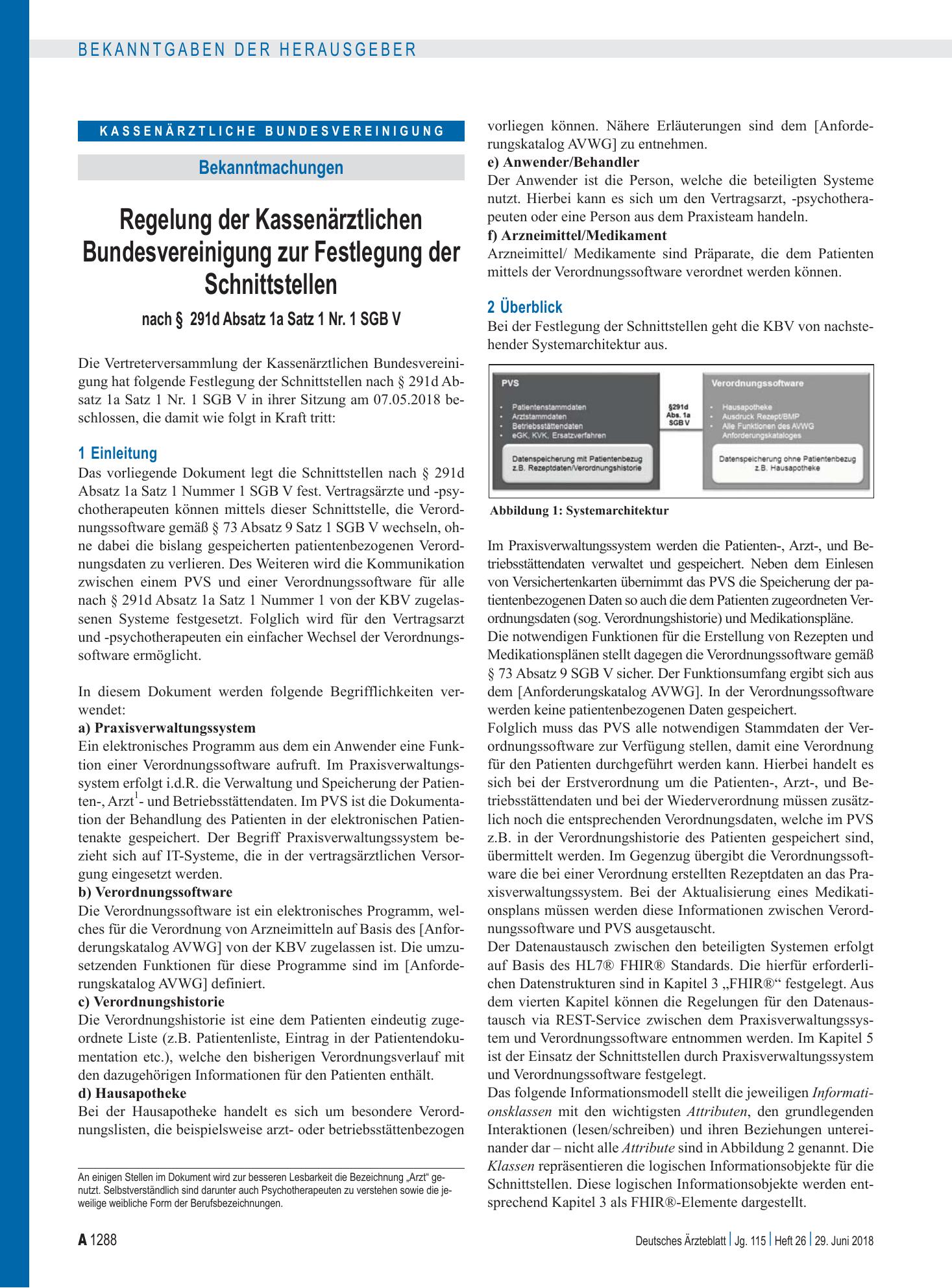 Vorschauseite 1: Regelung der Kassenärztlichen Bundesvereinigung zur Festlegung der Schnittstellen nach § 291d Absatz 1a Satz 1 Nr. 1 SGB V – Deutsches Ärzteblatt