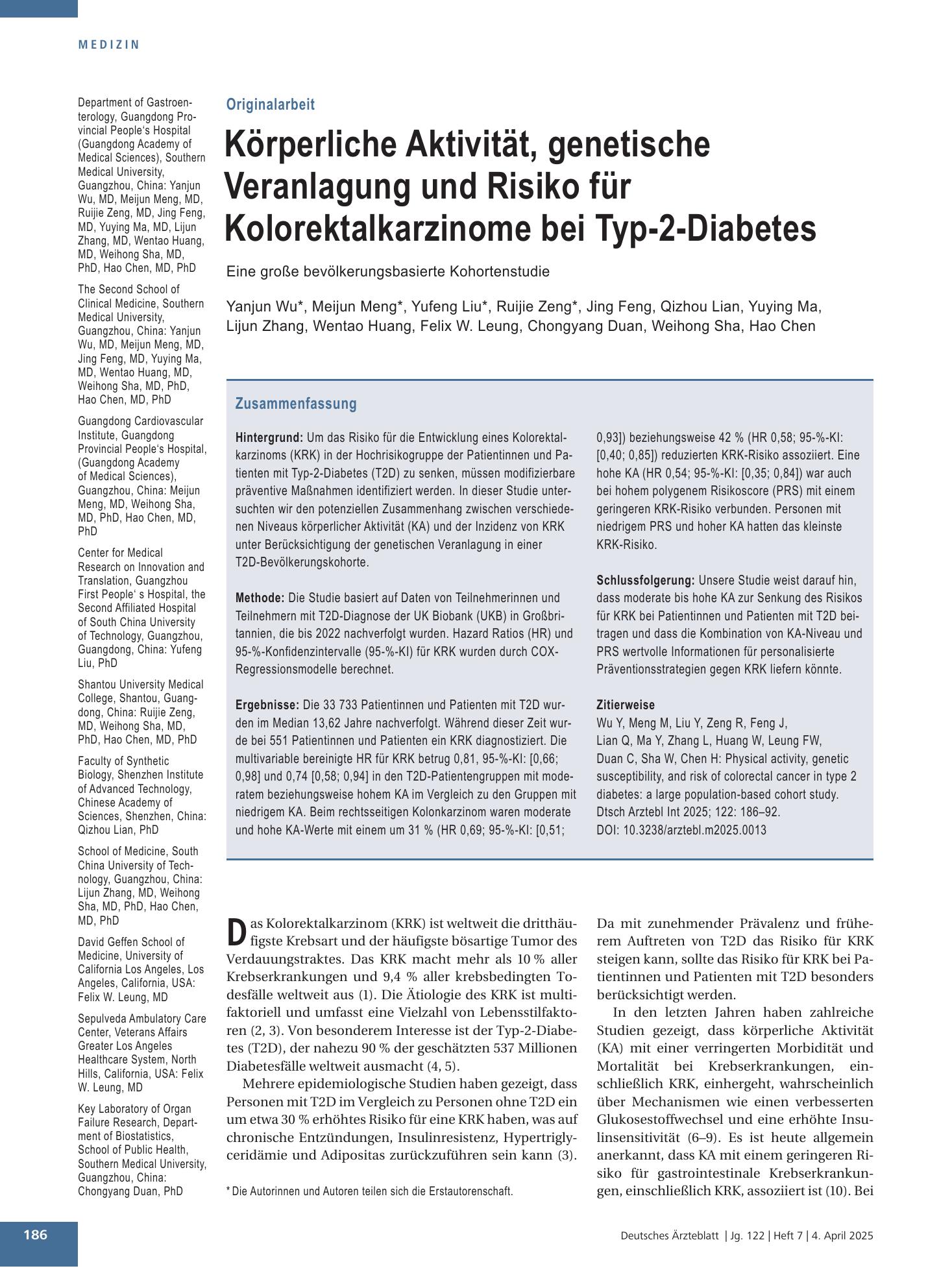 Vorschauseite 1: Körperliche Aktivität, genetische Veranlagung und Risiko für Kolorektalkarzinome bei Typ-2-Diabetes – Deutsches Ärzteblatt