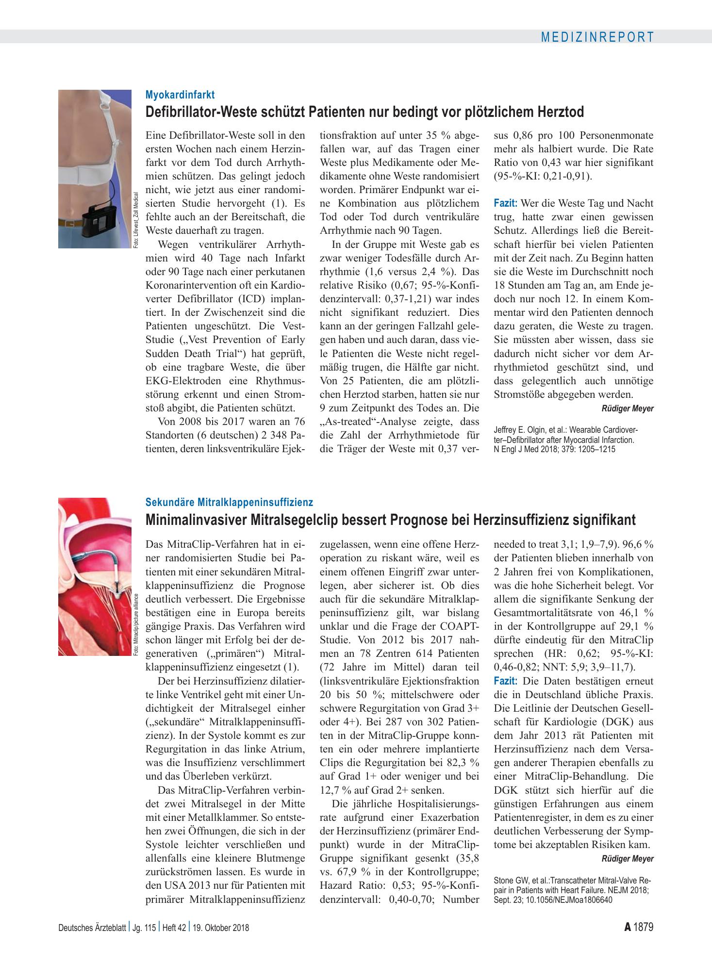 Vorschauseite 1: Myokardinfarkt: Defibrillator-Weste schützt Patienten nur bedingt vor plötzlichem Herztod – Deutsches Ärzteblatt