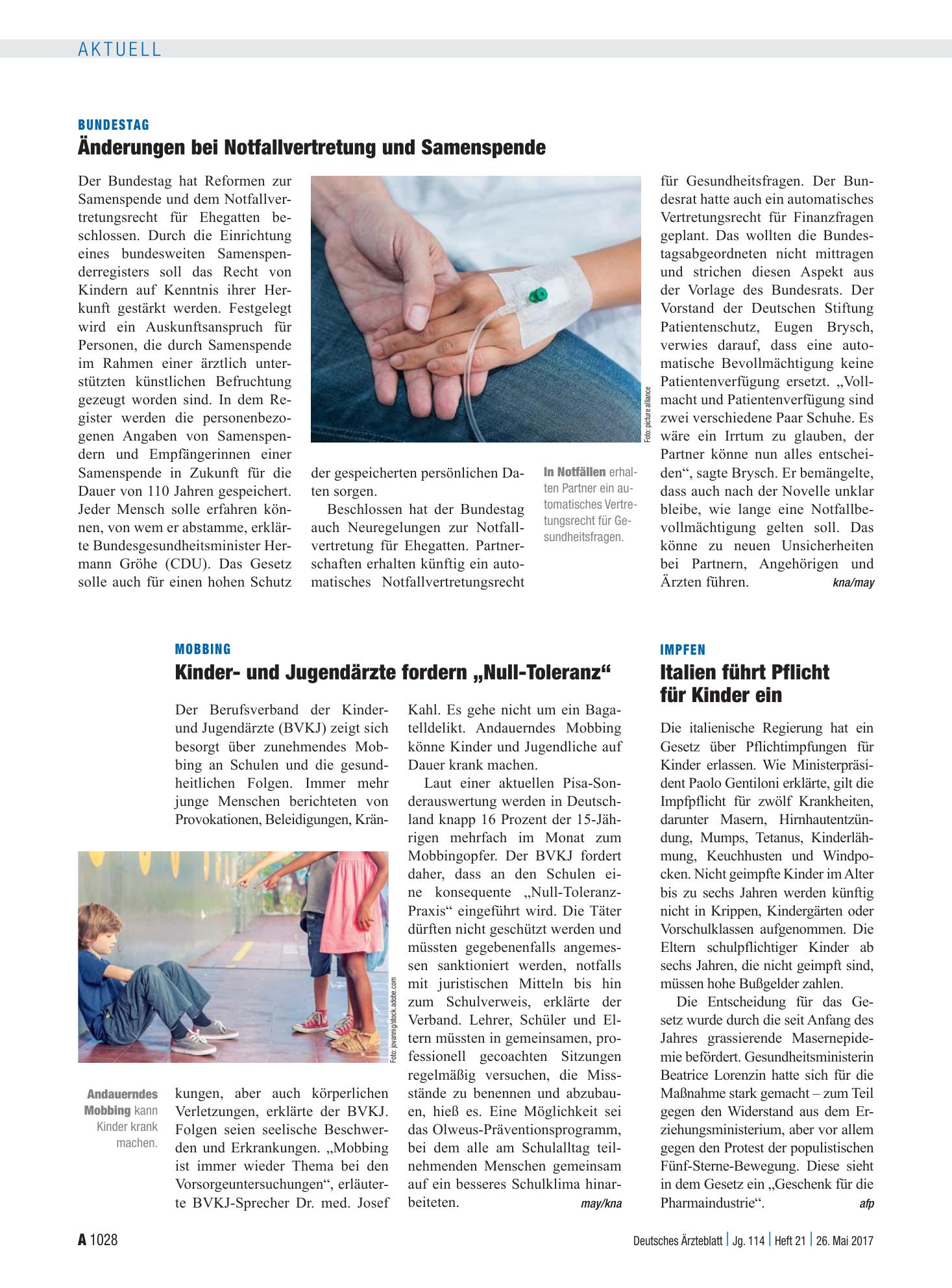Vorschauseite 1: Bundestag: Änderungen bei Notfallvertretung und Samenspende – Deutsches Ärzteblatt