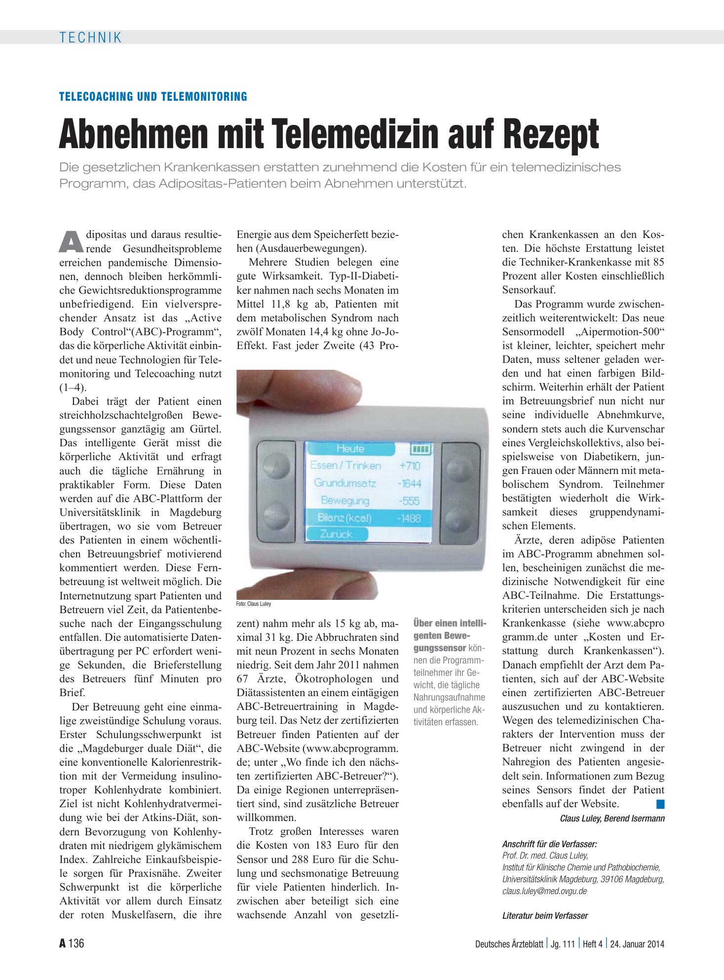 Vorschauseite 1: Telecoaching und Telemonitoring: Abnehmen mit Telemedizin auf Rezept – Deutsches Ärzteblatt