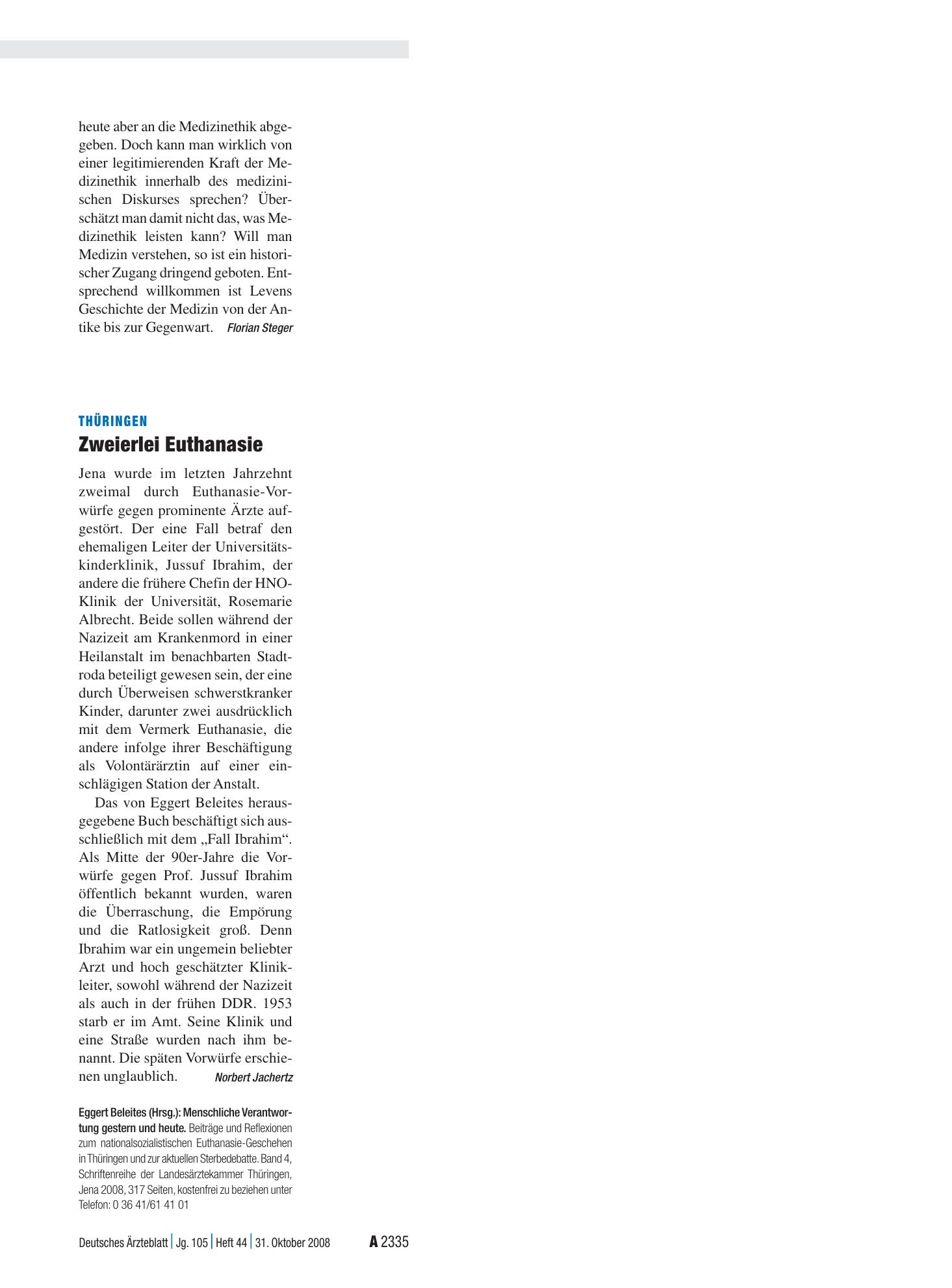 Vorschauseite 1: Thüringen: Zweierlei Euthanasie – Deutsches Ärzteblatt