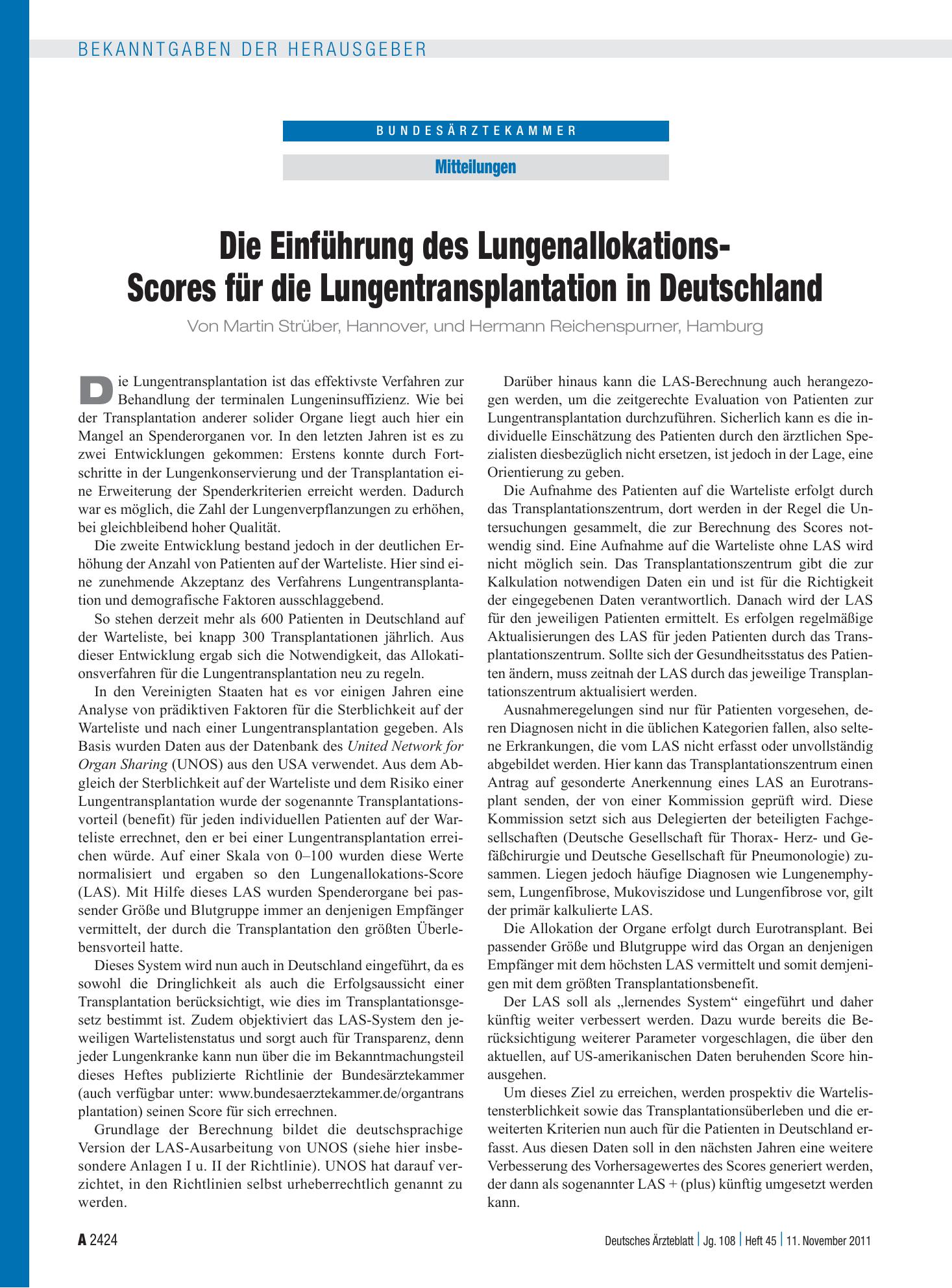 Vorschauseite 1: Die Einführung des Lungenallokations-Scores für die Lungentransplantation in Deutschland – Deutsches Ärzteblatt