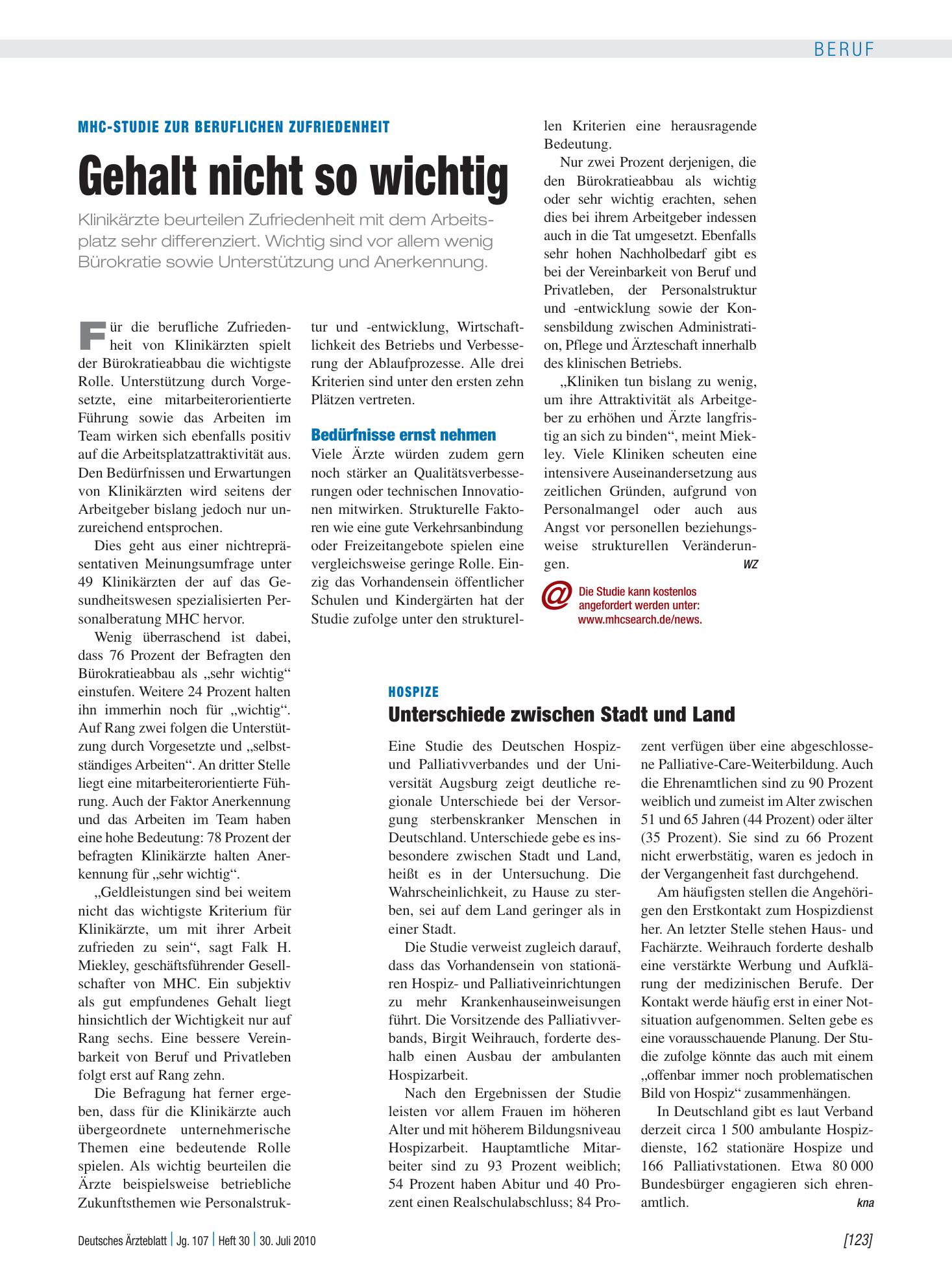 Vorschauseite 1: Hospize: Unterschiede zwischen Stadt und Land – Deutsches Ärzteblatt