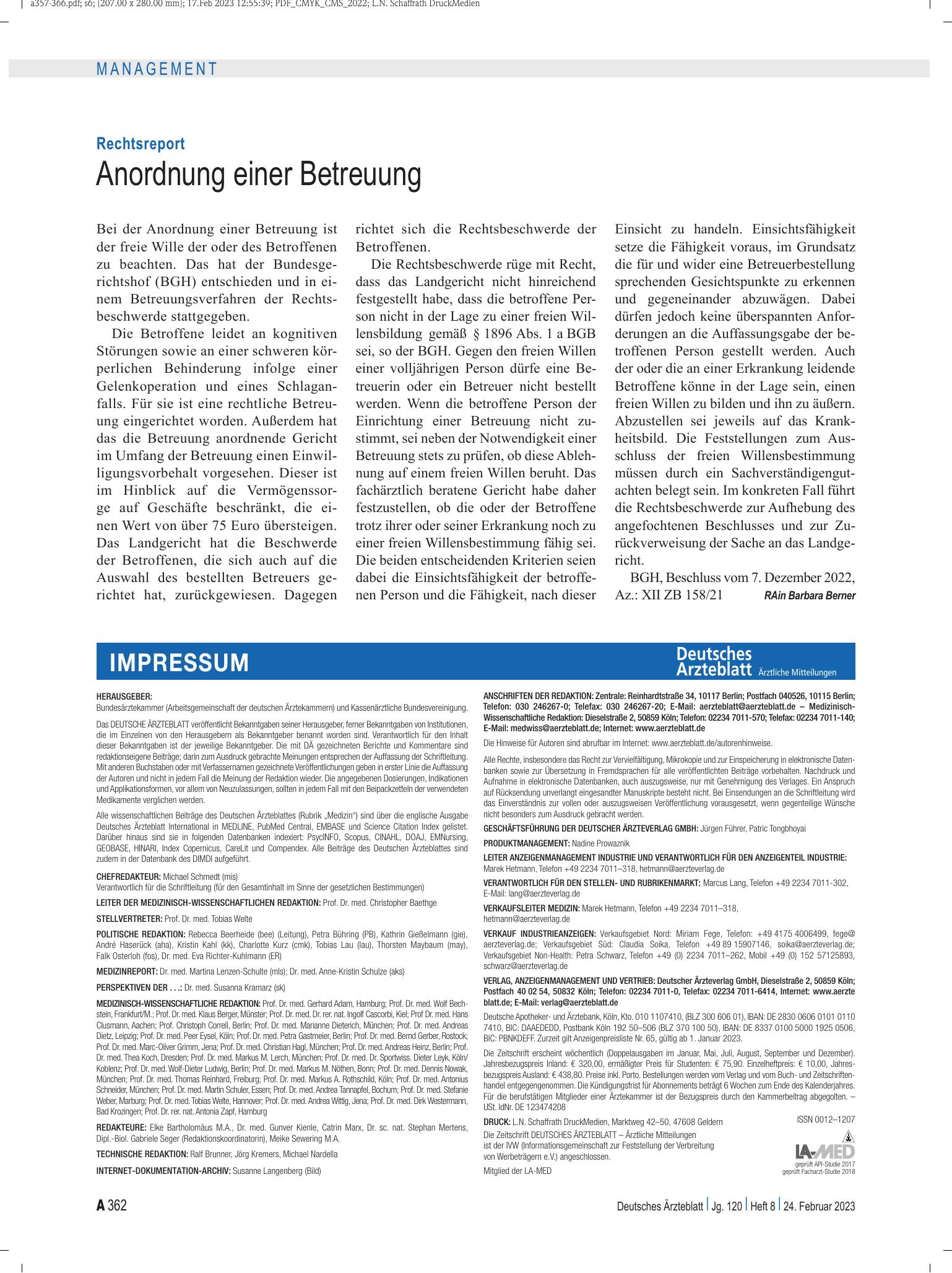 Vorschauseite 1: Rechtsreport: Anordnung einer Betreuung – Deutsches Ärzteblatt