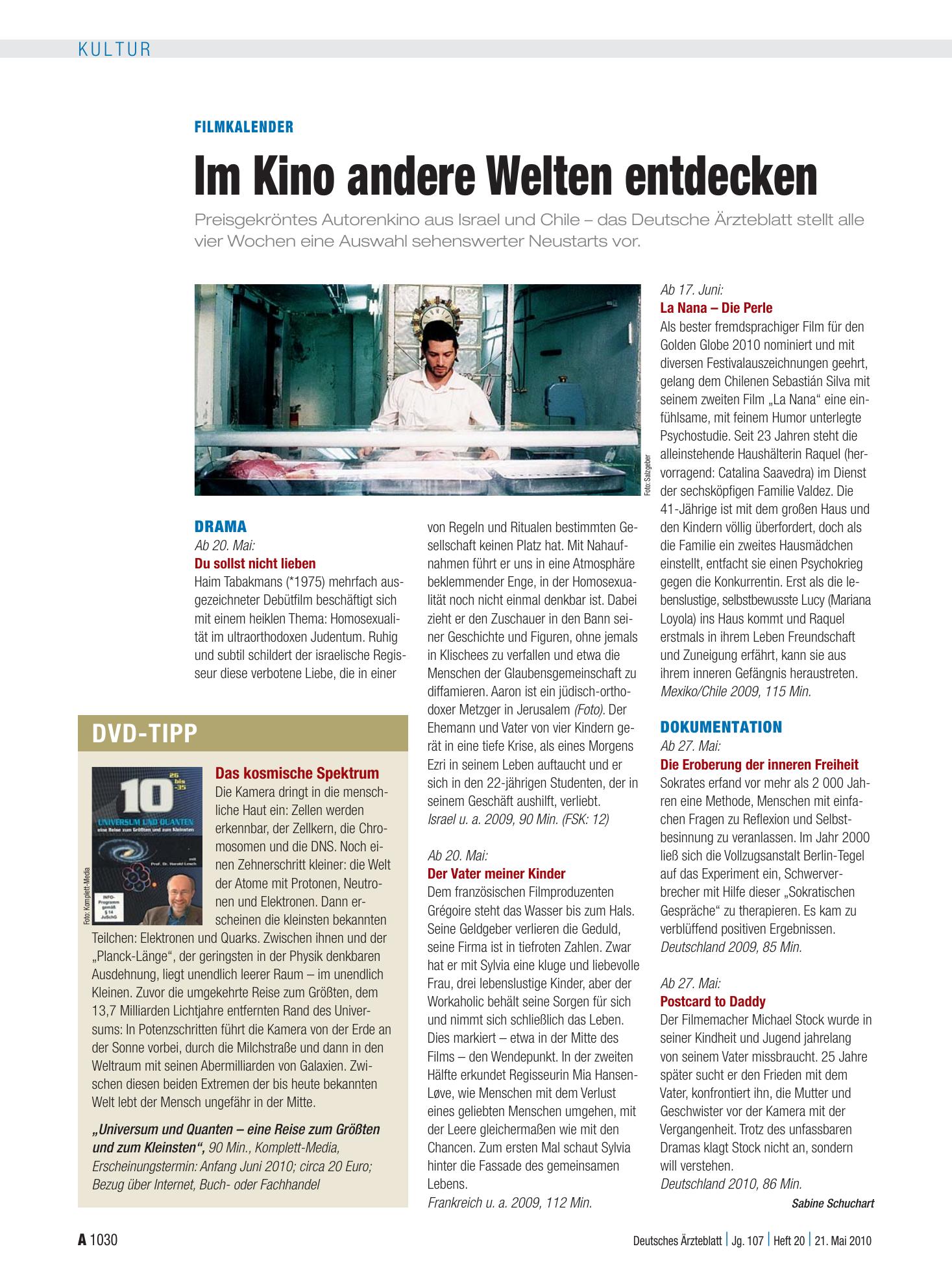 Vorschauseite 1: Filmkalender: Im Kino andere Welten entdecken – Deutsches Ärzteblatt