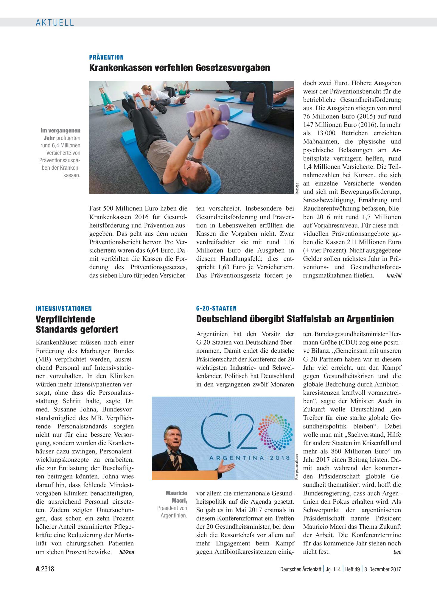 Vorschauseite 1: Prävention: Krankenkassen verfehlen Gesetzesvorgaben – Deutsches Ärzteblatt