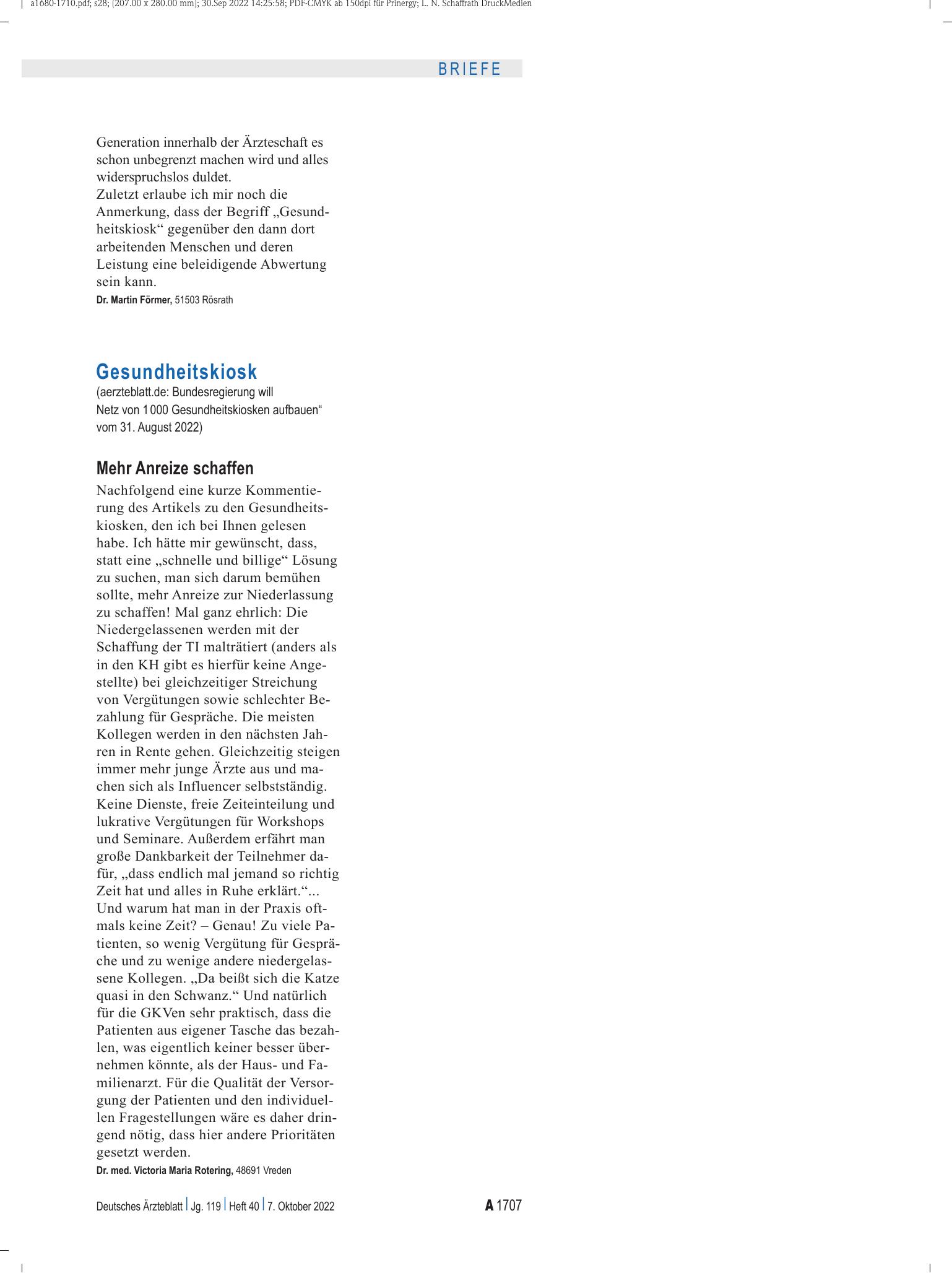 Vorschauseite 1: Gesundheitskiosk: Mehr Anreize schaffen – Deutsches Ärzteblatt