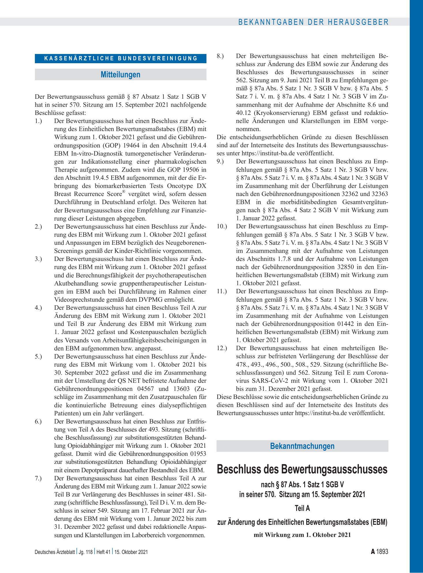 Vorschauseite 1: Beschluss des Bewertungsausschusses nach § 87 Abs. 1 Satz 1 SGB V in seiner 570. Sitzung am 15. September 2021 zur Änderung des Einheitlichen Bewertungsmaßstabes (EBM) im Zusammen…