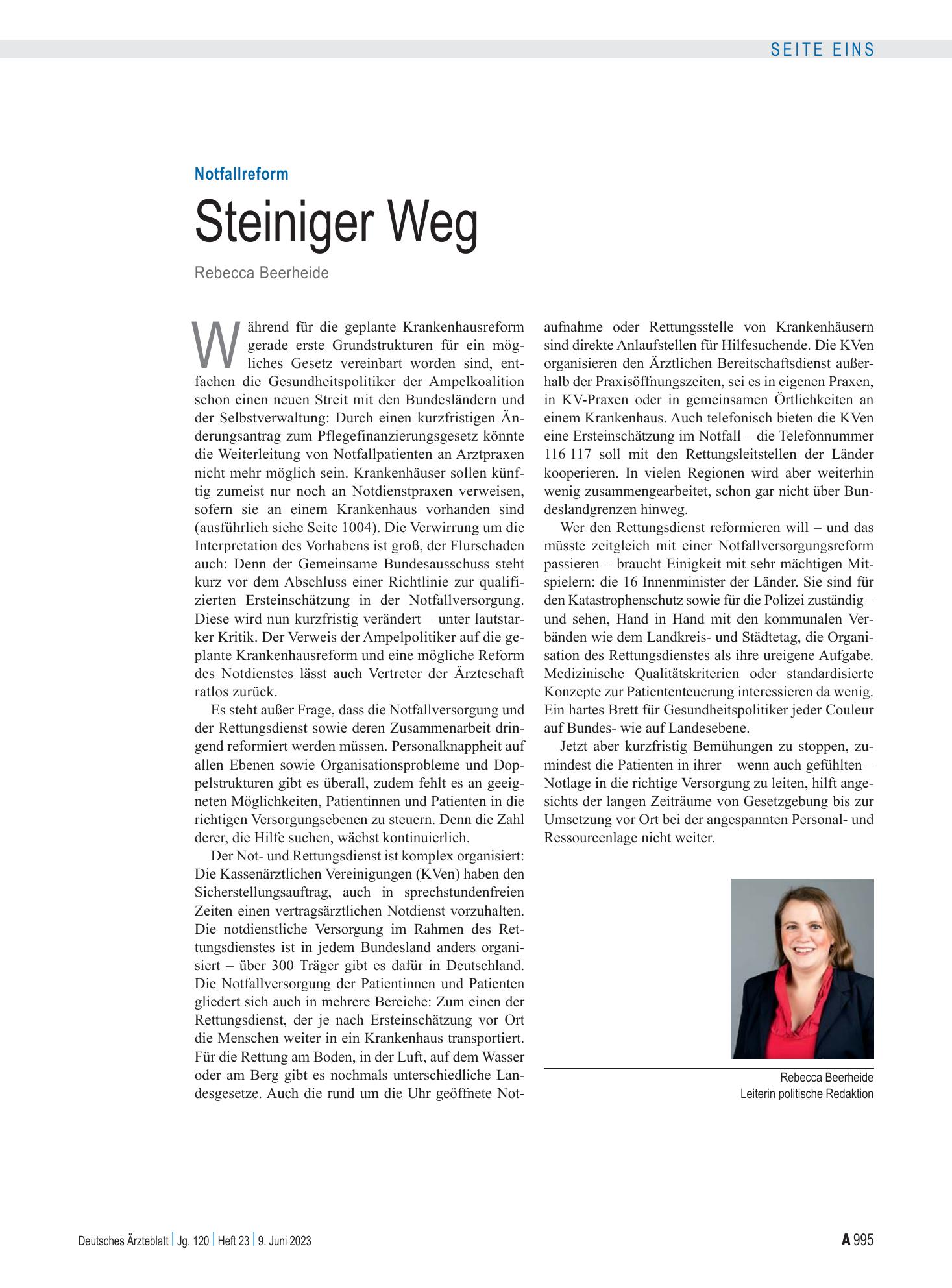 Vorschauseite 1: Notfallreform: Steiniger Weg – Deutsches Ärzteblatt