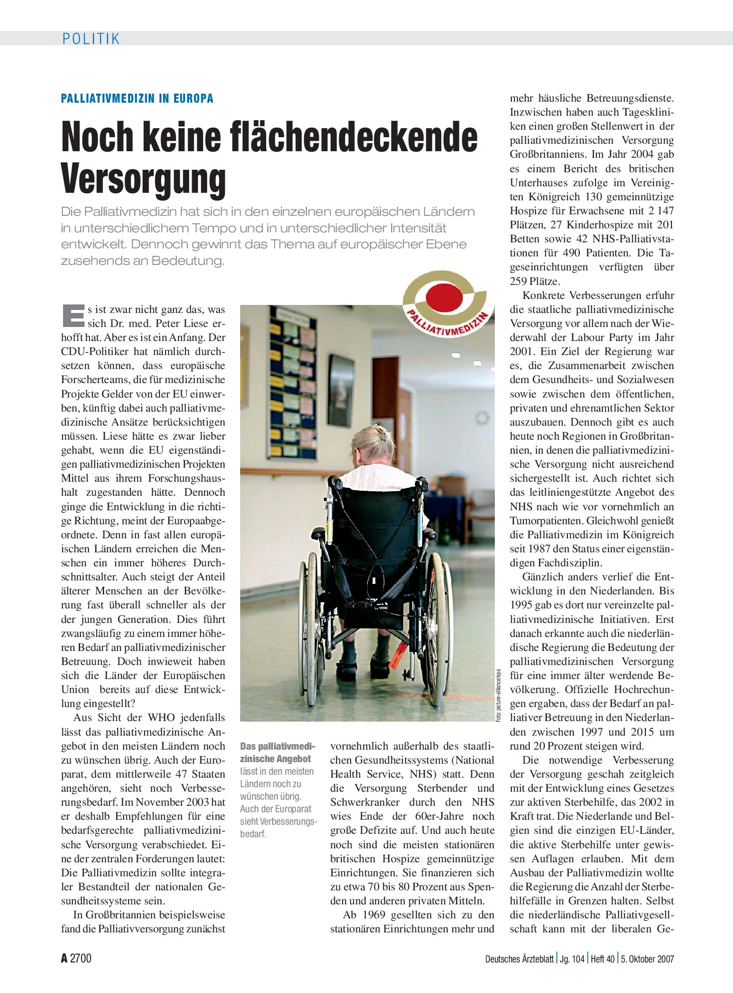 Vorschauseite 1: Palliativmedizin in Europa: Noch keine flächendeckende Versorgung – Deutsches Ärzteblatt