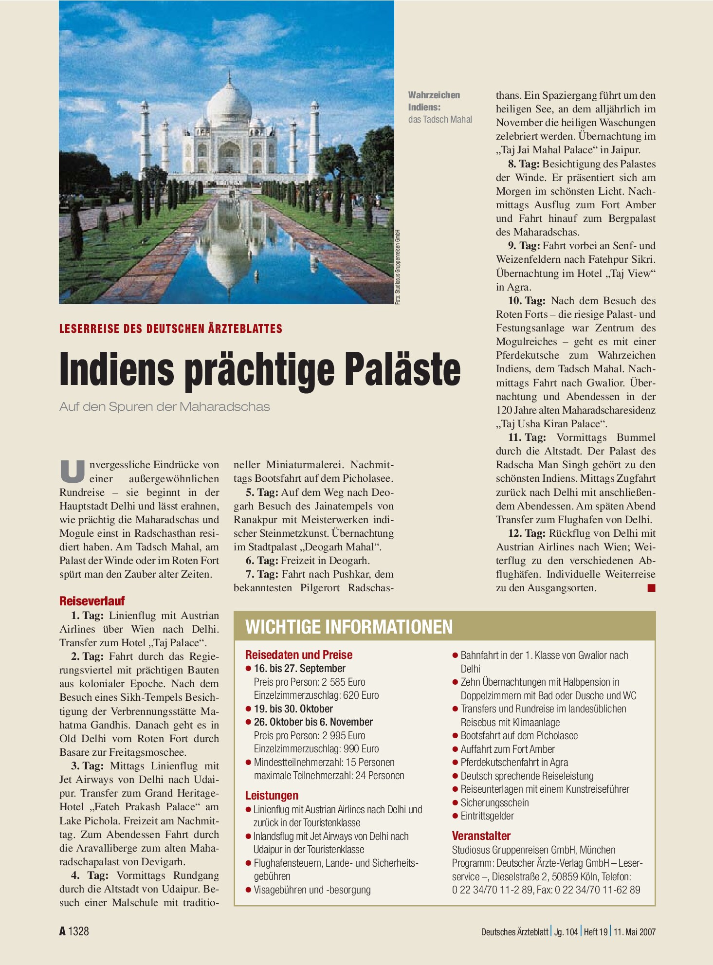 Vorschauseite 1: Leserreise des Deutschen Ärzteblattes: Indiens prächtige Paläste – Auf den Spuren der Maharadschas – Deutsches Ärzteblatt
