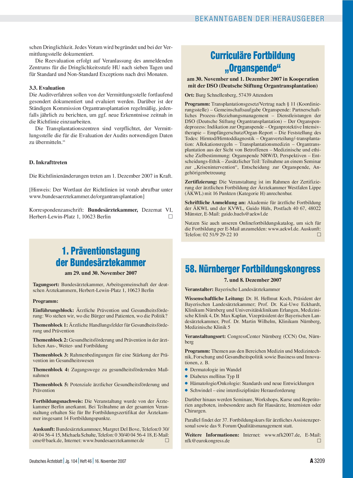 Vorschauseite 1: Curriculäre Fortbildung „Organspende“ am 30. November und 1. Dezember 2007 in Kooperation mit der DSO (Deutsche Stiftung Organtransplantation) – Deutsches Ärzteblatt