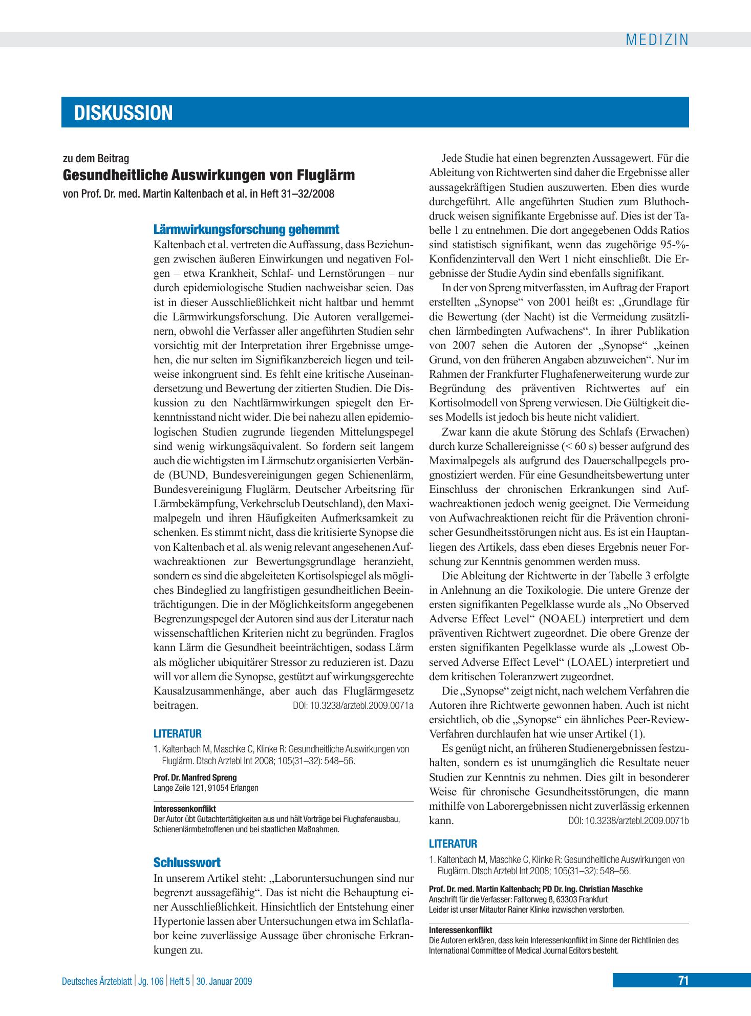 Vorschauseite 1: Gesundheitliche Auswirkungen von Fluglärm: Schlusswort – Deutsches Ärzteblatt