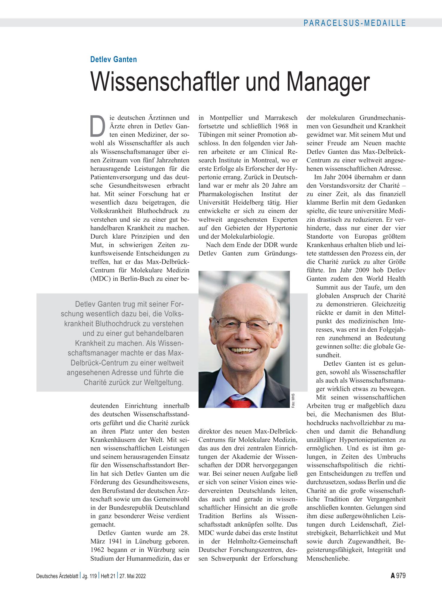 Vorschauseite 1: Detlev Ganten: Wissenschaftler und Manager – Deutsches Ärzteblatt