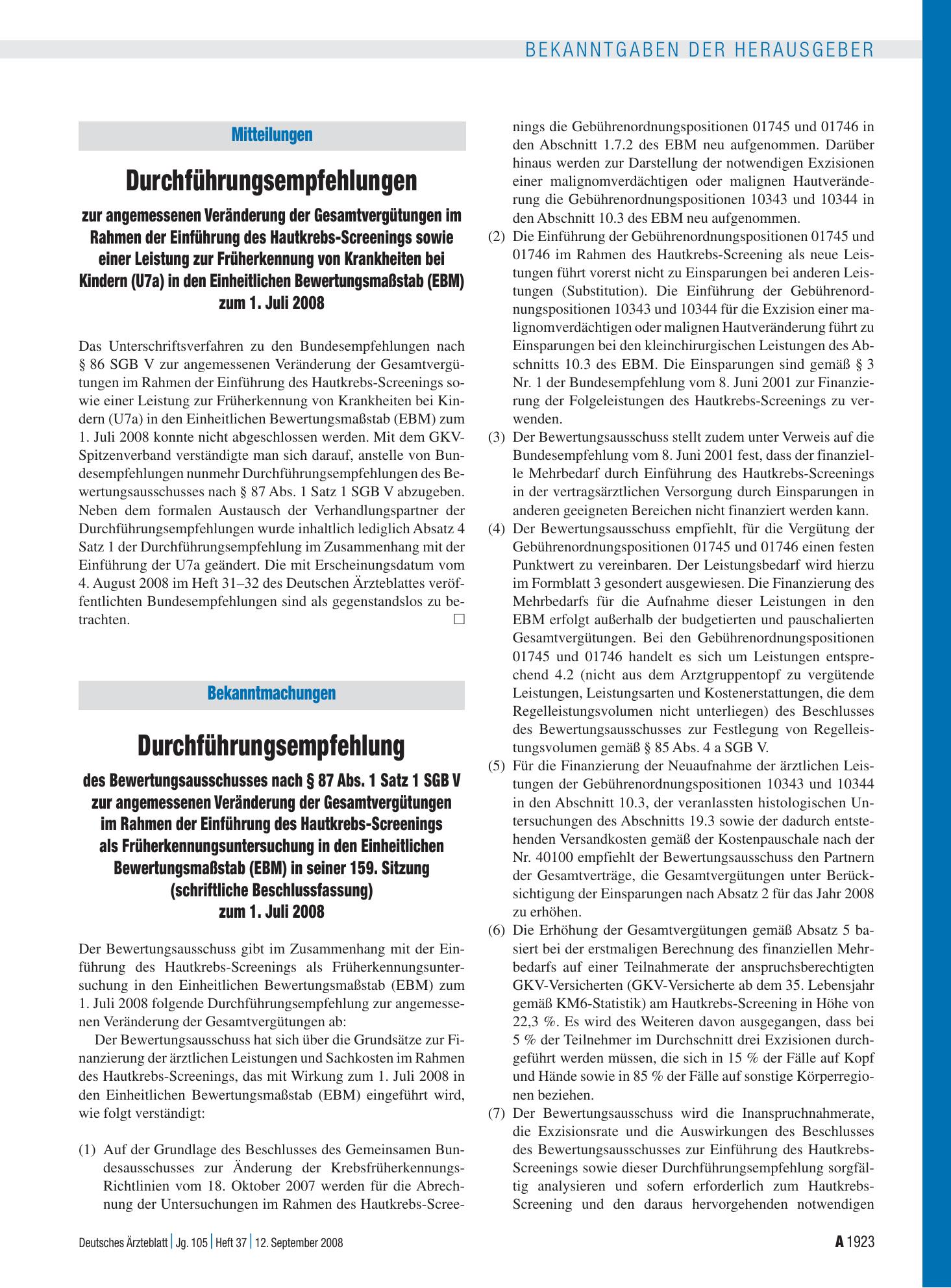 Vorschauseite 1: Mitteilungen: Durchführungsempfehlungen zur angemessenen Veränderung der Gesamtvergütungen im Rahmen der Einführung des Hautkrebs-Screenings sowie einer Leistung zur Früherkennung…