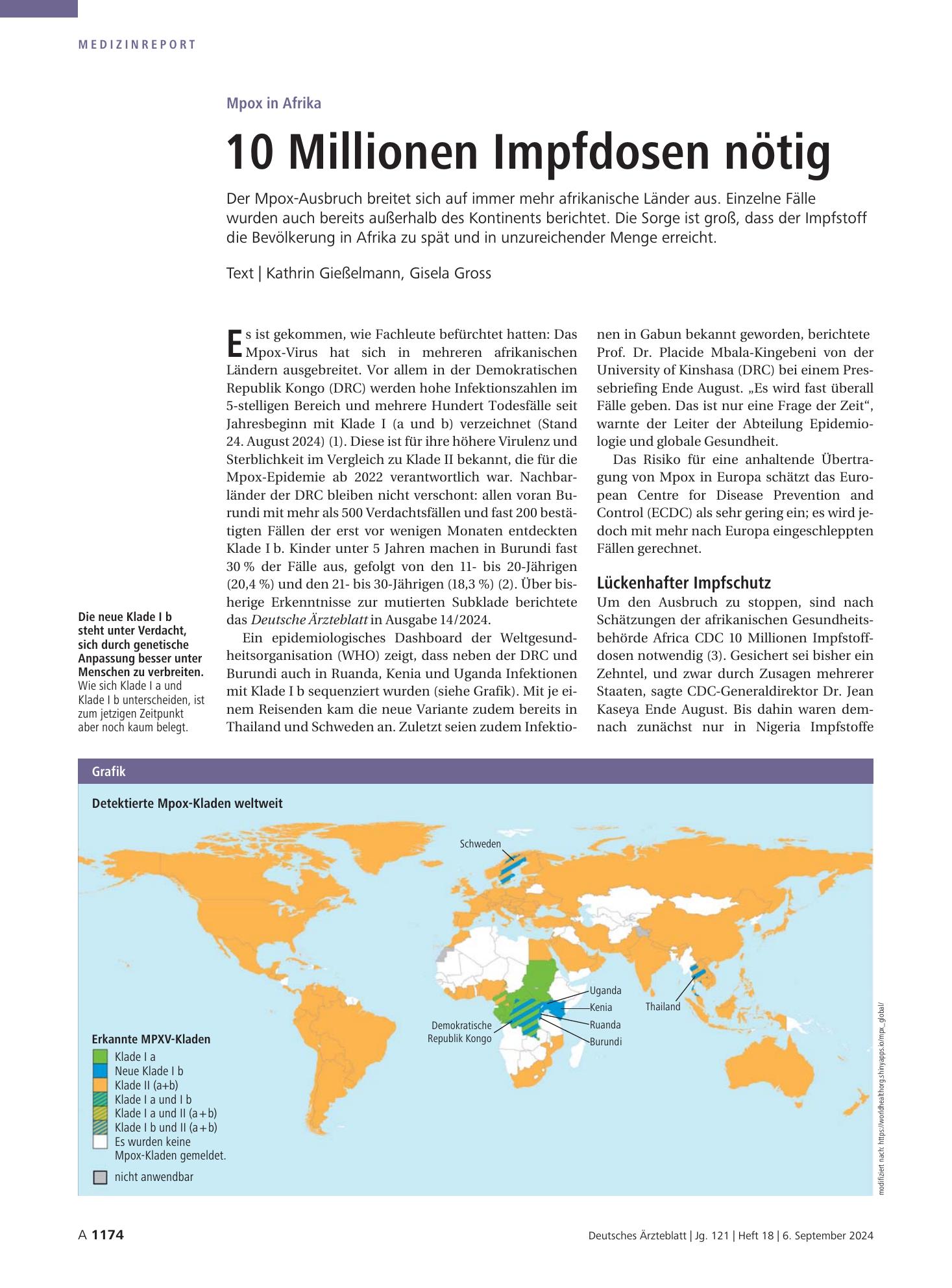Vorschauseite 1: Mpox in Afrika: 10 Millionen Impfdosen nötig – Deutsches Ärzteblatt