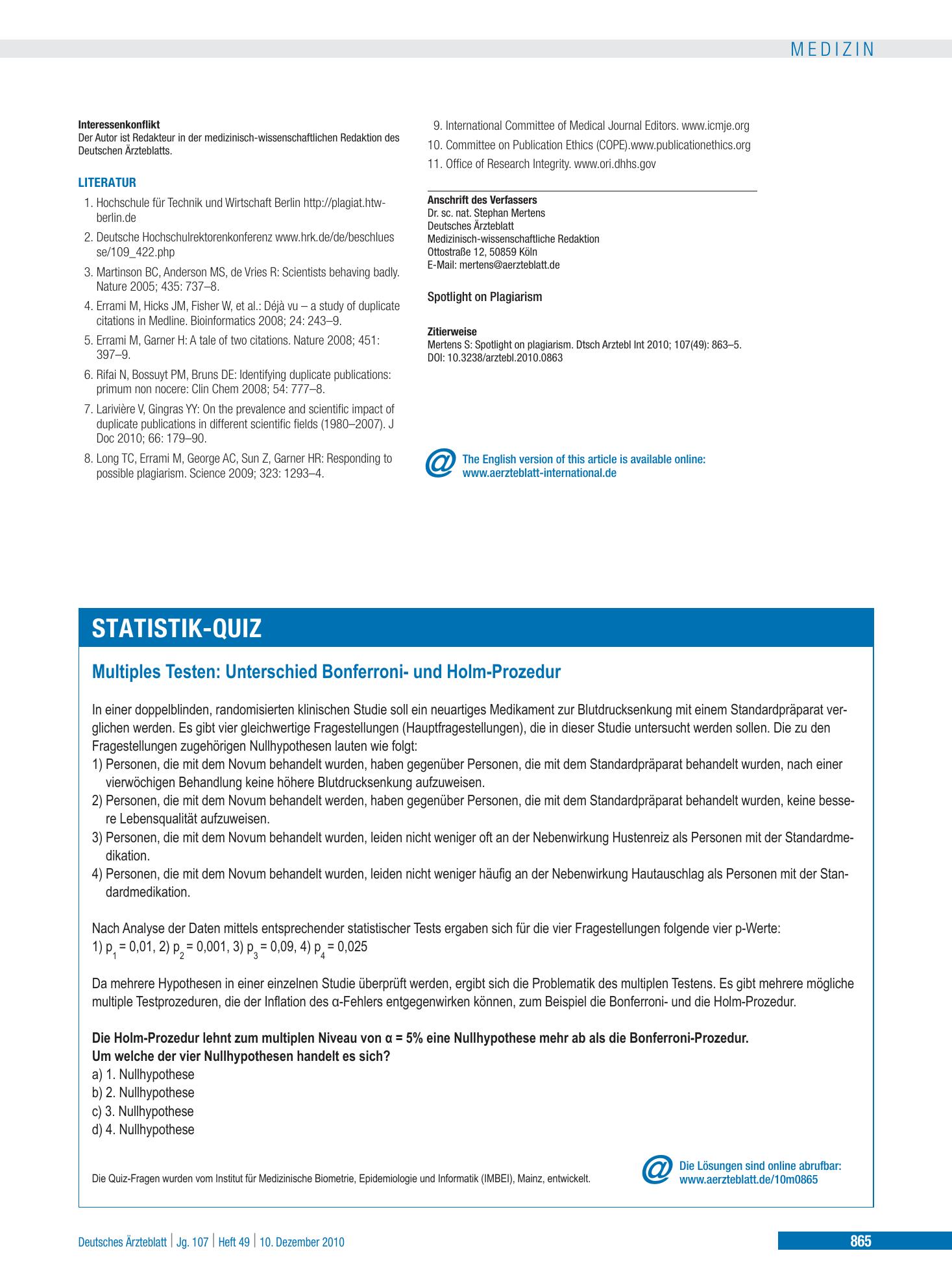 Vorschauseite 1: Multiples Testen: Unterschied Bonferroni- und Holm-Prozedur – Deutsches Ärzteblatt