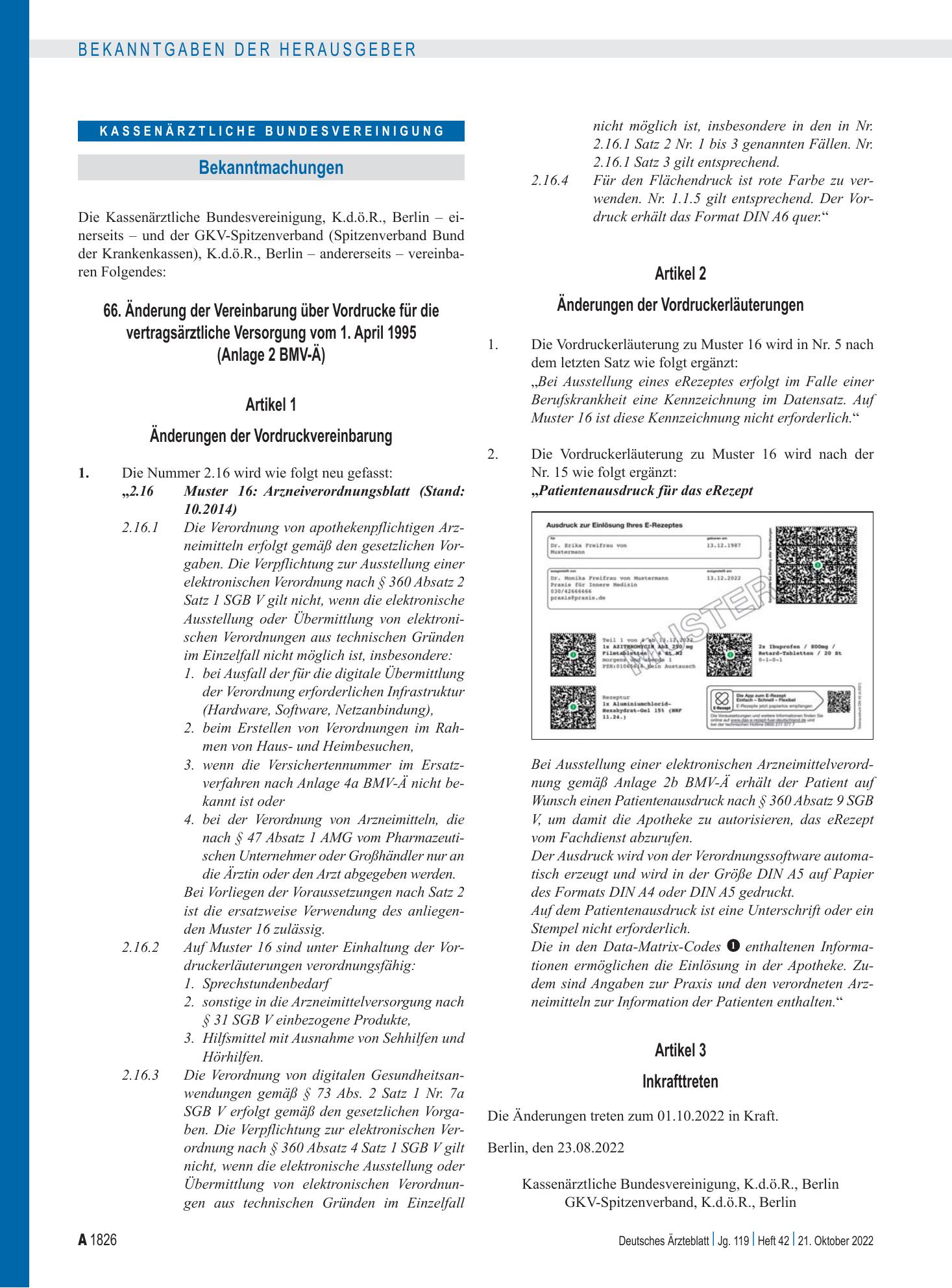 Vorschauseite 1: 66. Änderung der Vereinbarung über Vordrucke für die vertragsärztliche Versorgung vom 1. April 1995 (Anlage 2 BMV-Ä) – Deutsches Ärzteblatt