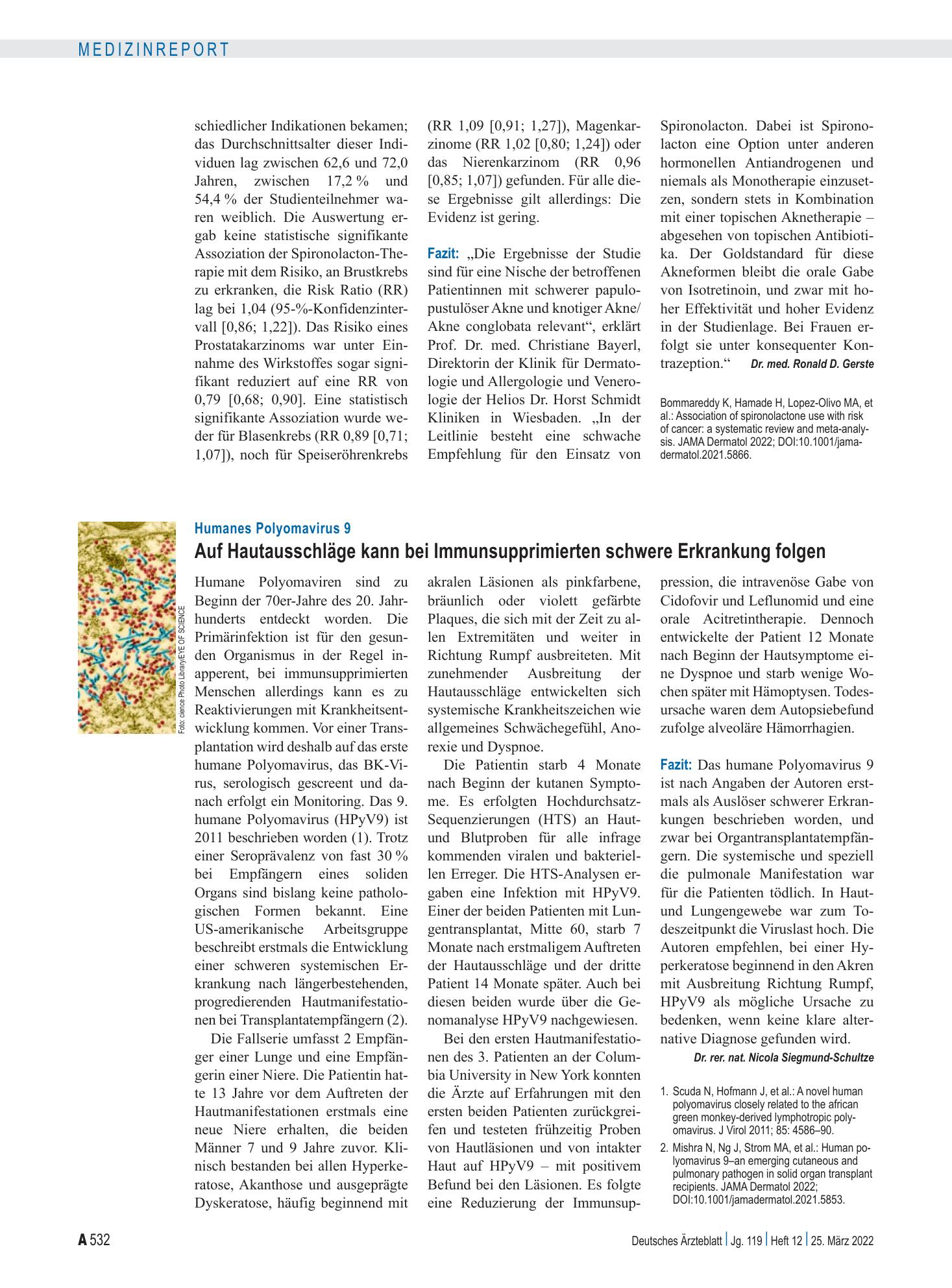 Vorschauseite 1: Humanes Polyomavirus 9: Auf Hautausschläge kann bei Immunsupprimierten schwere Erkrankung folgen – Deutsches Ärzteblatt