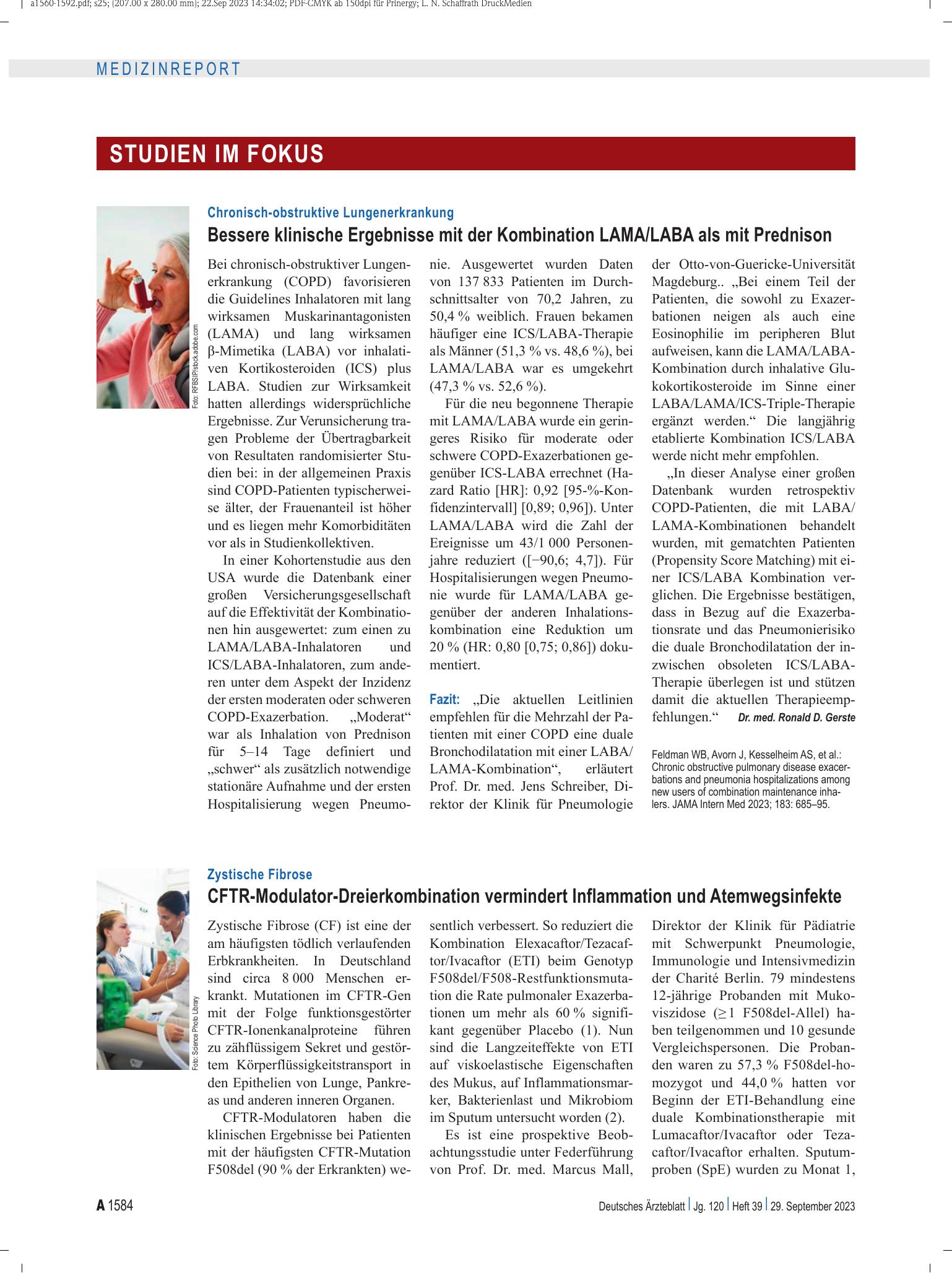 Vorschauseite 1: Zystische Fibrose: CFTR-Modulator-Dreierkombination vermindert Inflammation und Atemwegsinfekte – Deutsches Ärzteblatt