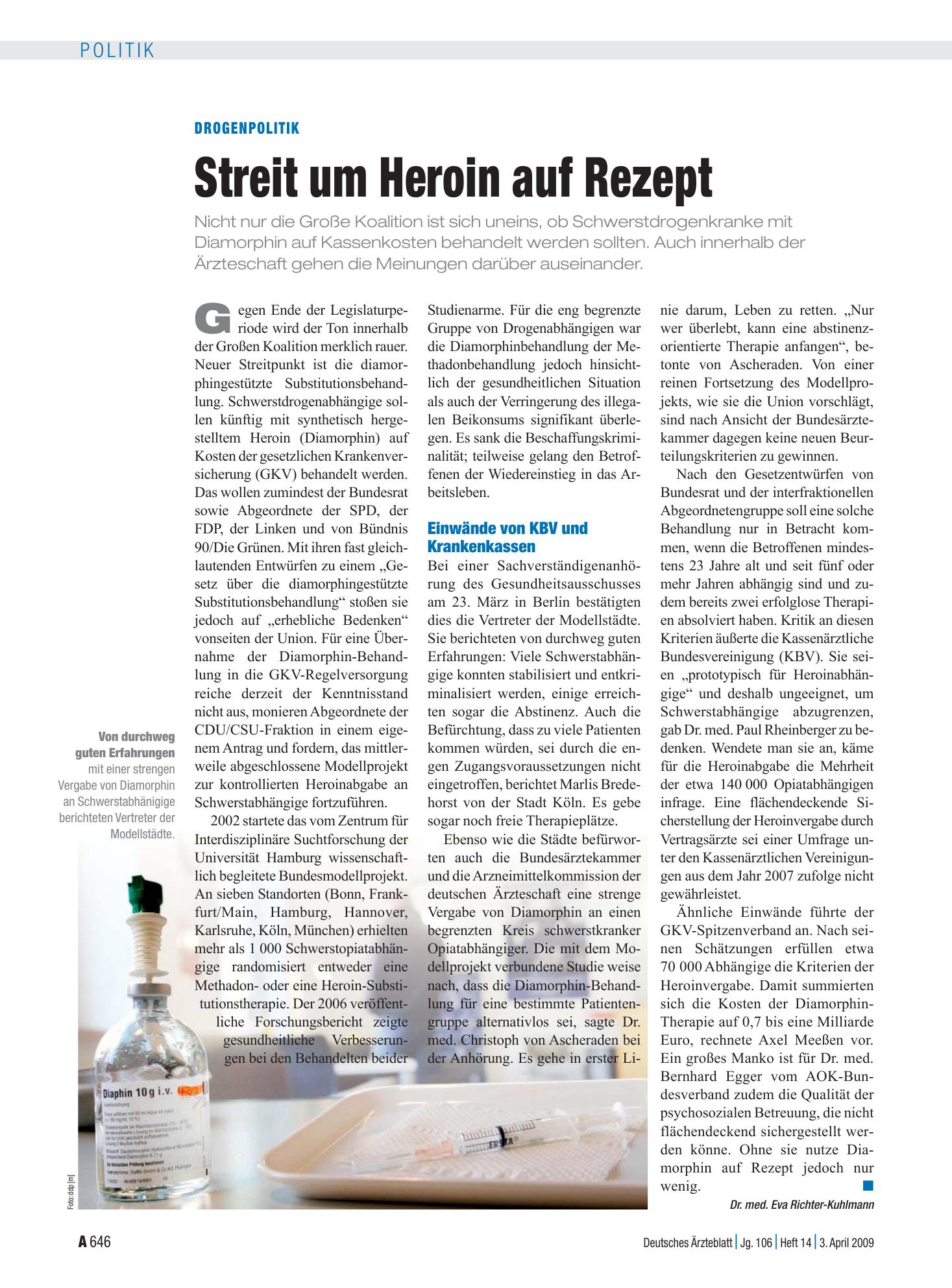 Vorschauseite 1: Drogenpolitik: Streit um Heroin auf Rezept – Deutsches Ärzteblatt