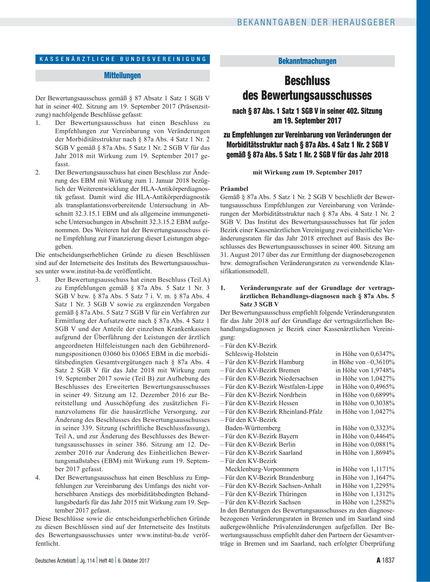Vorschauseite 1: Beschluss des Bewertungsausschusses nach § 87 Abs. 1 Satz 1 SGB V in seiner 402. Sitzung am 19. September 2017 zu Empfehlungen zur Vereinbarung von Veränderungen der Morbiditätsst…
