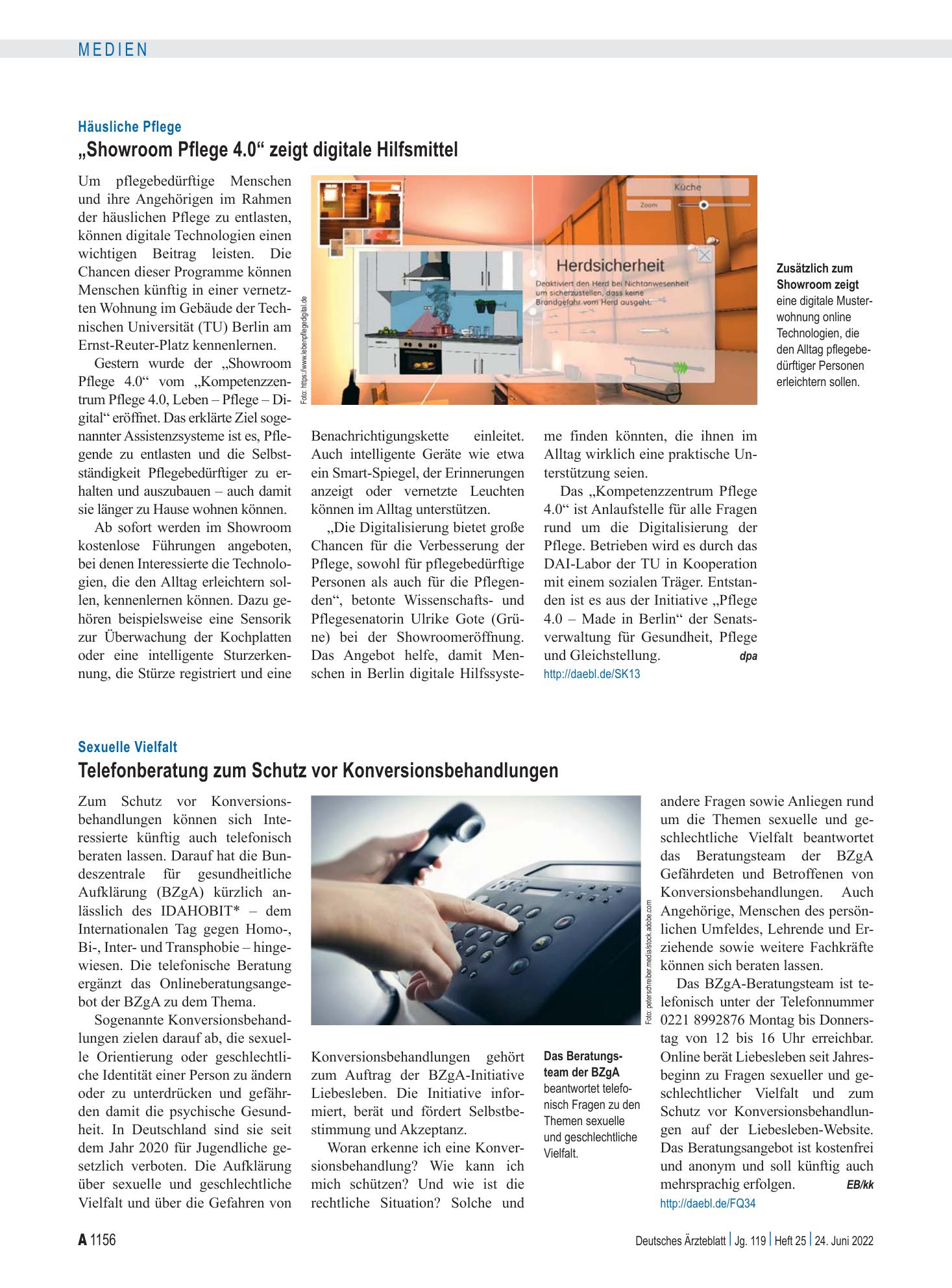 Vorschauseite 1: Häusliche Pflege: „Showroom Pflege 4.0“ zeigt digitale Hilfsmittel – Deutsches Ärzteblatt