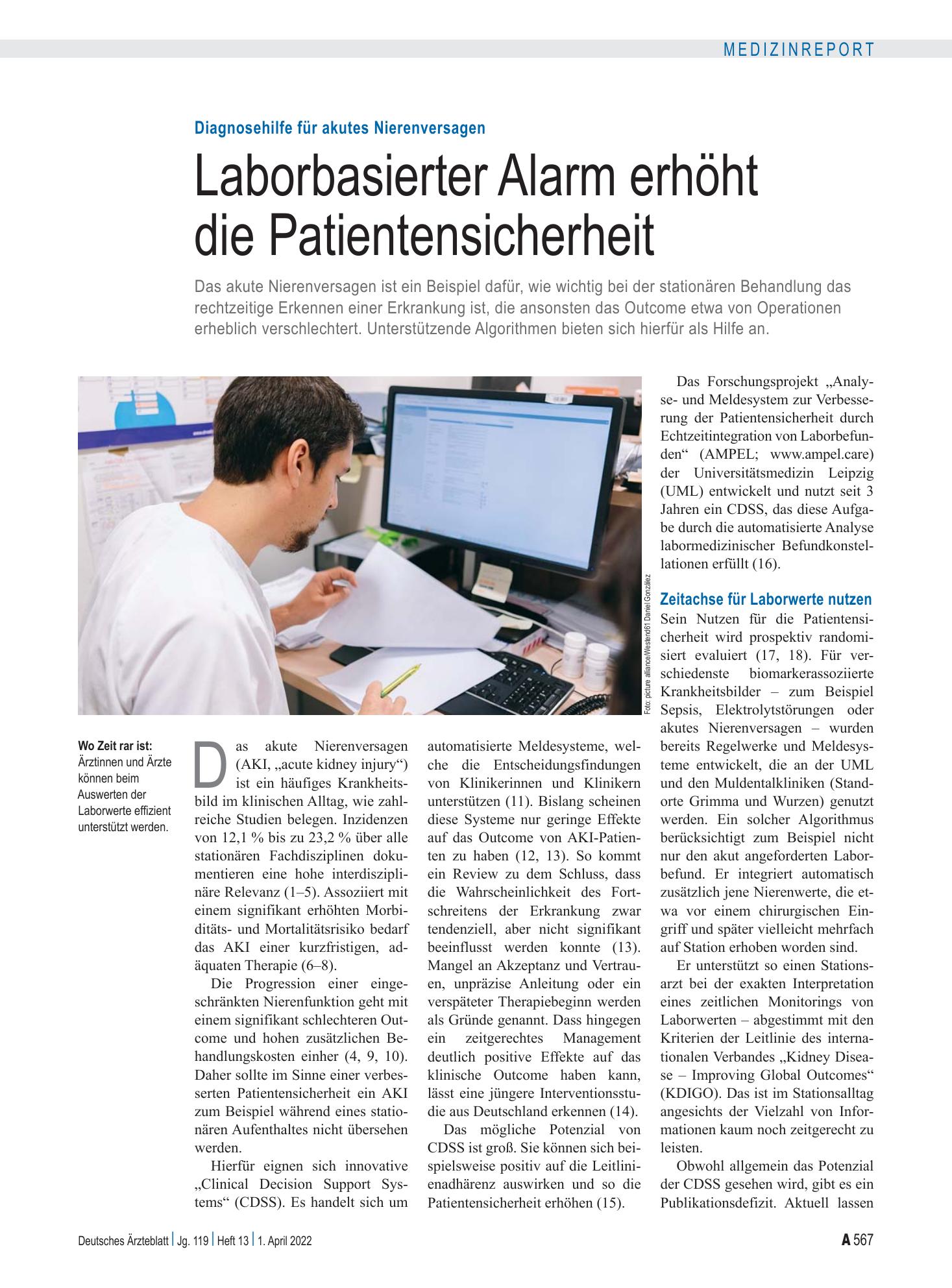 Vorschauseite 1: Diagnosehilfe für akutes Nierenversagen: Laborbasierter Alarm erhöht die Patientensicherheit – Deutsches Ärzteblatt