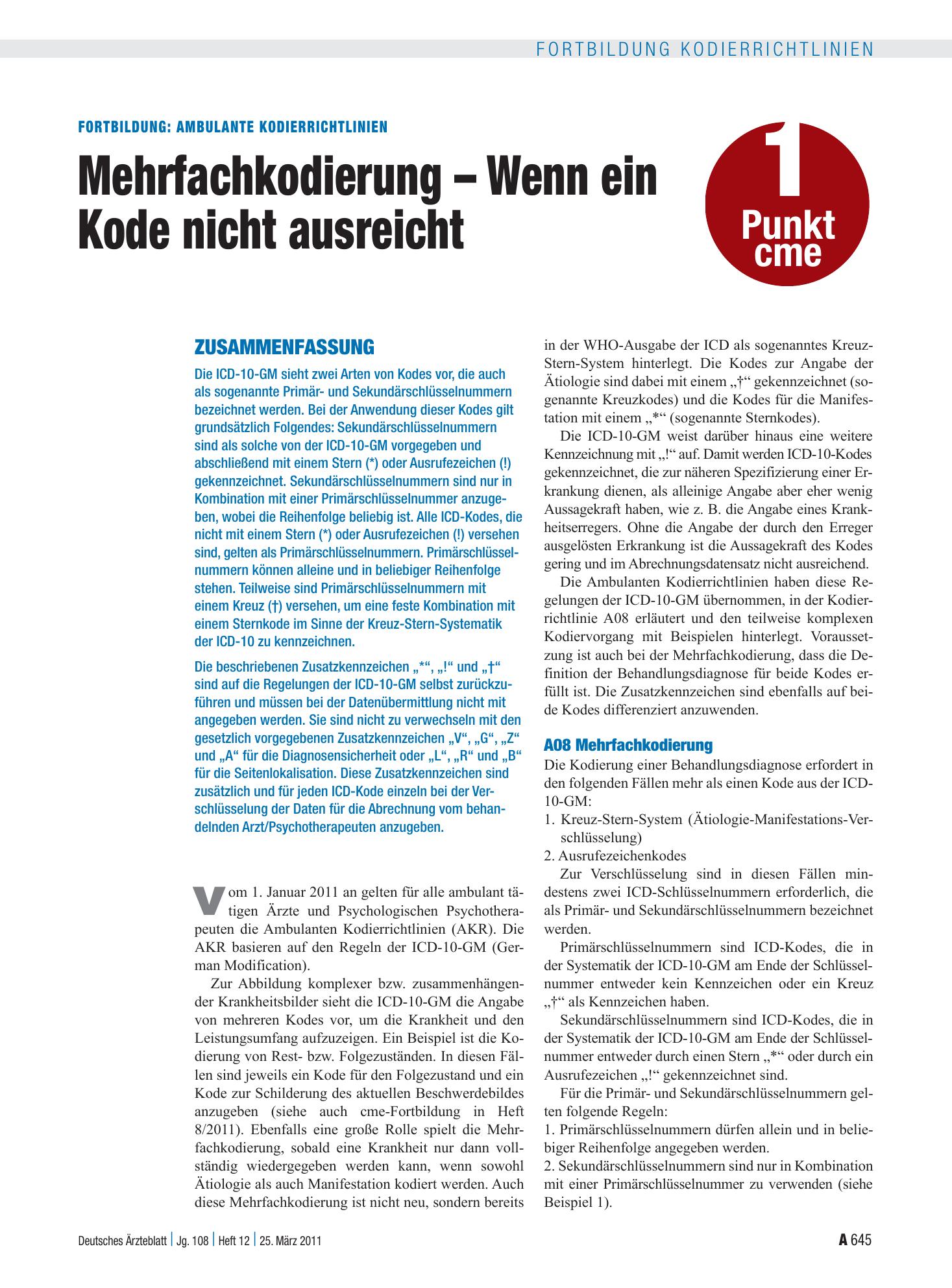 Vorschauseite 1: Ambulante Kodierrichtlinien: Mehrfachkodierung – Wenn ein Kode nicht ausreicht – Deutsches Ärzteblatt