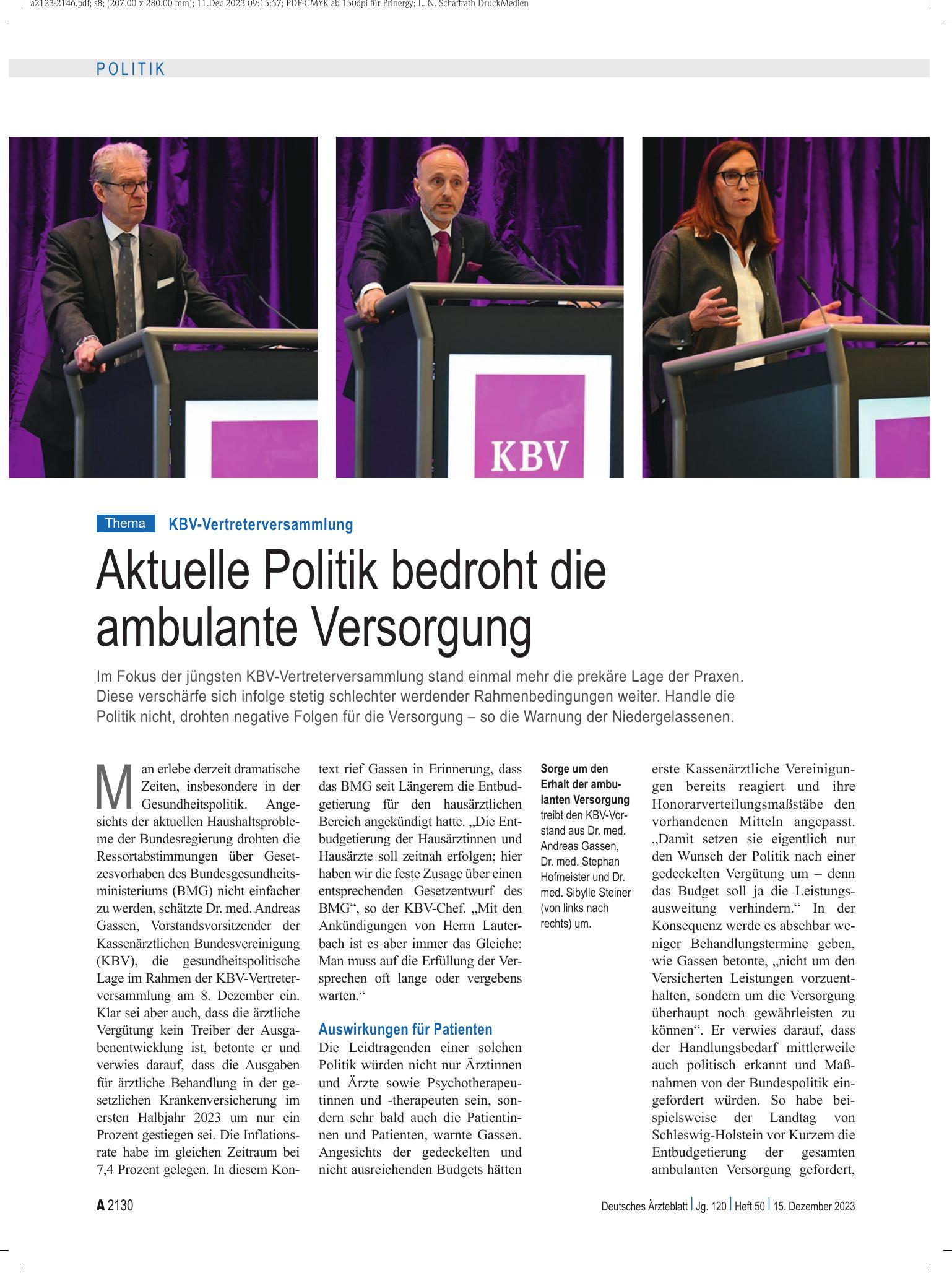 Vorschauseite 1: KBV-Vertreterversammlung: Aktuelle Politik bedroht die ambulante Versorgung – Deutsches Ärzteblatt