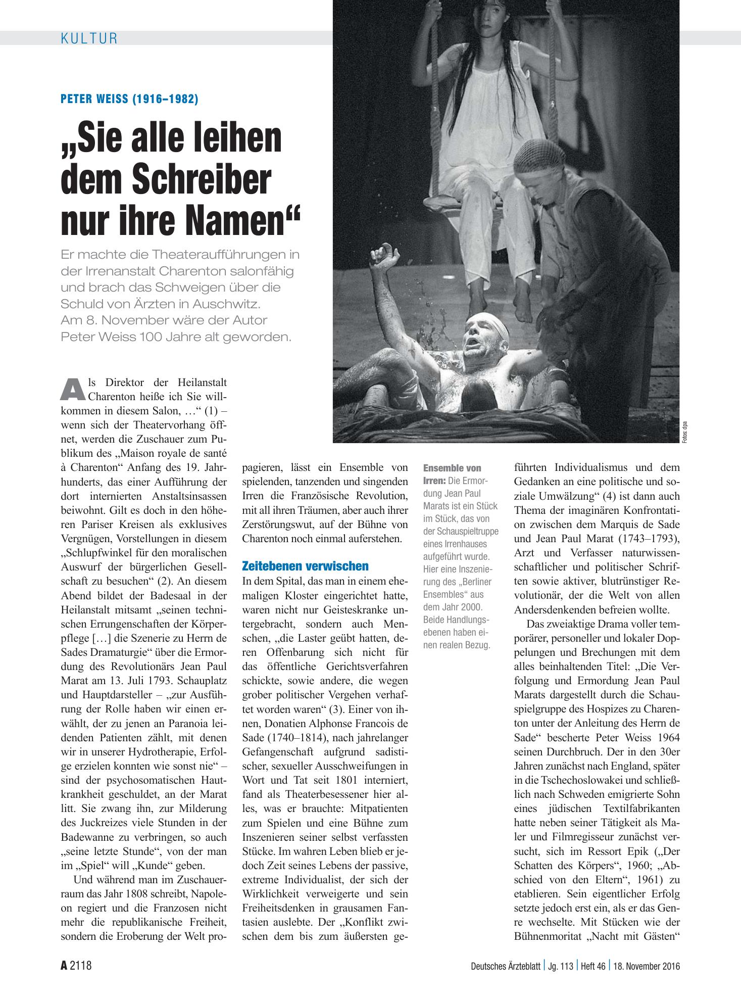 Vorschauseite 1: Peter Weiss (1916–1982): „Sie alle leihen dem Schreiber nur ihre Namen“ – Deutsches Ärzteblatt
