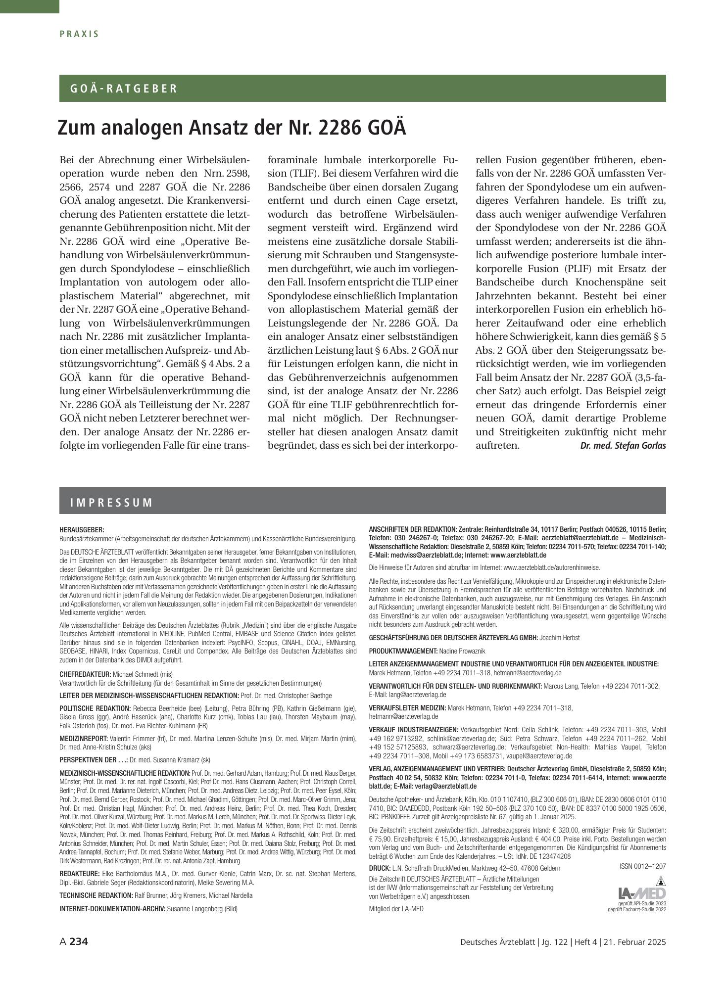 Vorschauseite 1: Zum analogen Ansatz der Nr. 2286 GOÄ – Deutsches Ärzteblatt