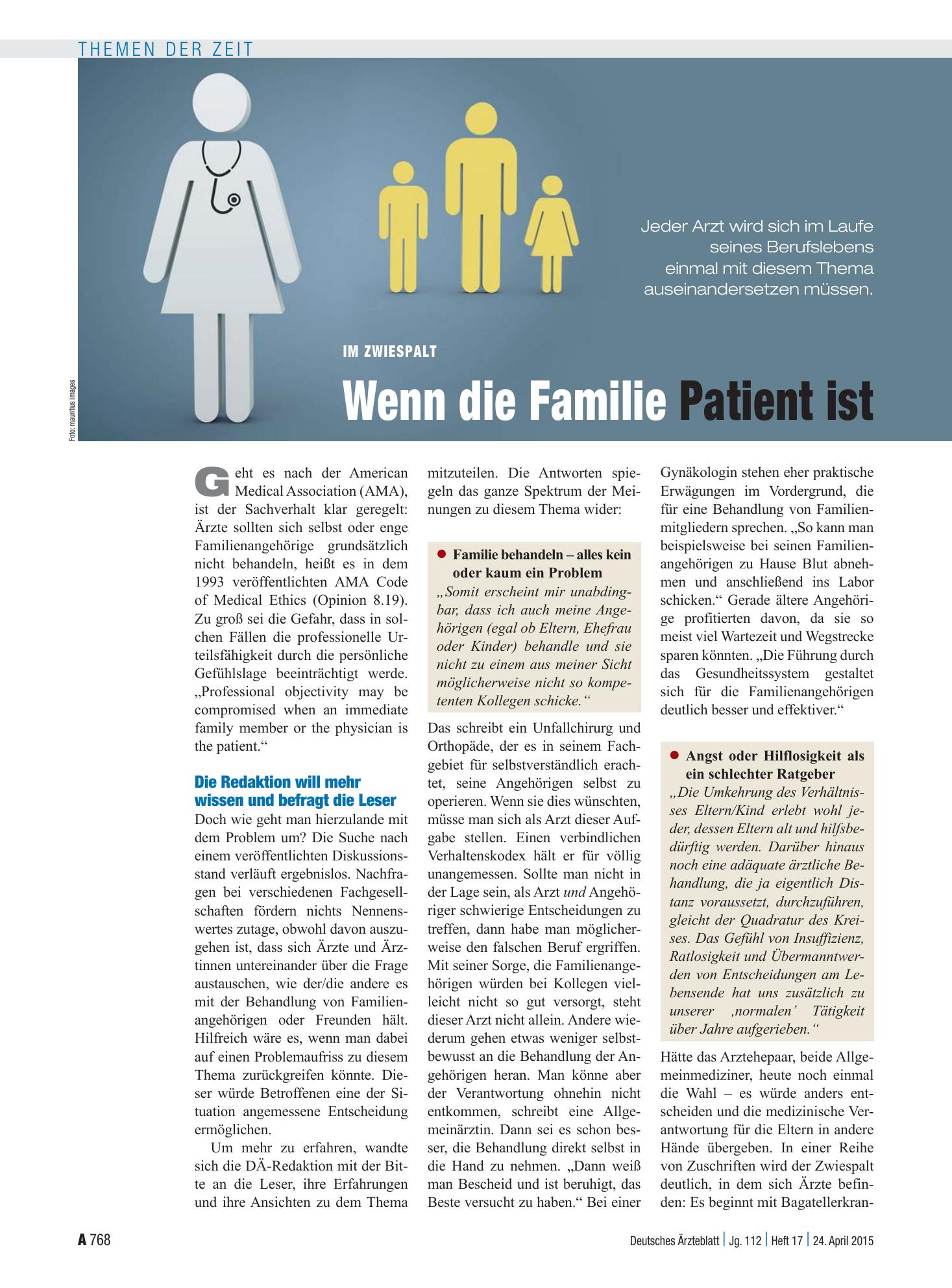 Vorschauseite 1: Im Zwiespalt: Wenn die Familie Patient ist – Deutsches Ärzteblatt