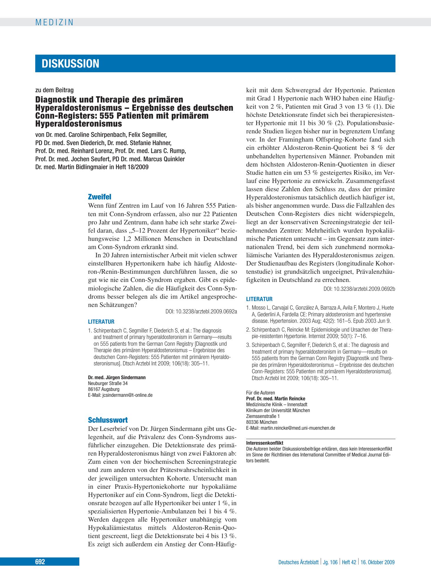 Vorschauseite 1: Diagnostik und Therapie des primären Hyperaldosteronismus / Ergebnisse des deutschen Conn-Registers - 555 Patienten mit primärem Hyperaldosteronismus: Schlusswort – Deutsches Ärzt…