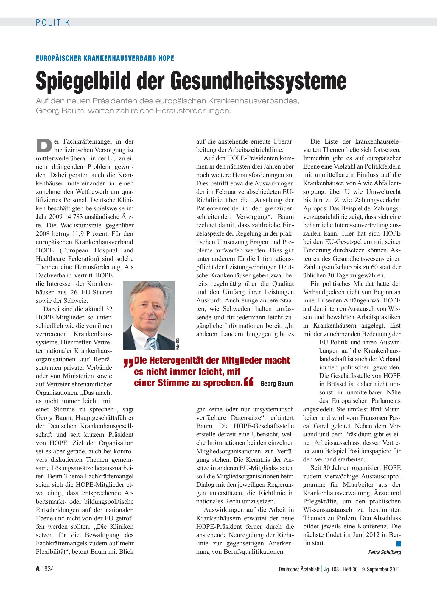 Vorschauseite 1: Europäischer Krankenhausverband HOPE: Spiegelbild der Gesundheitssysteme – Deutsches Ärzteblatt