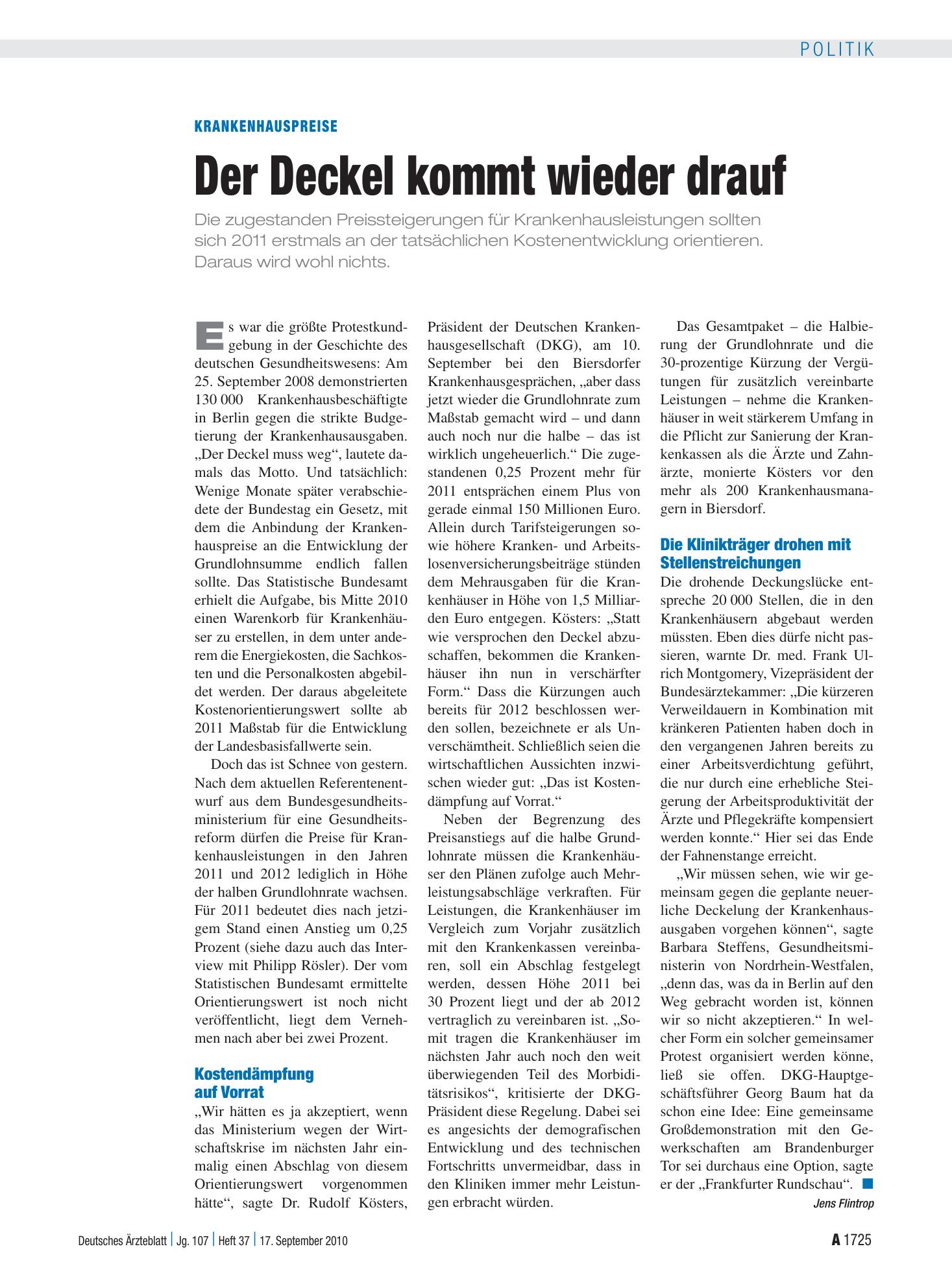 Vorschauseite 1: Krankenhauspreise: Der Deckel kommt wieder drauf – Deutsches Ärzteblatt
