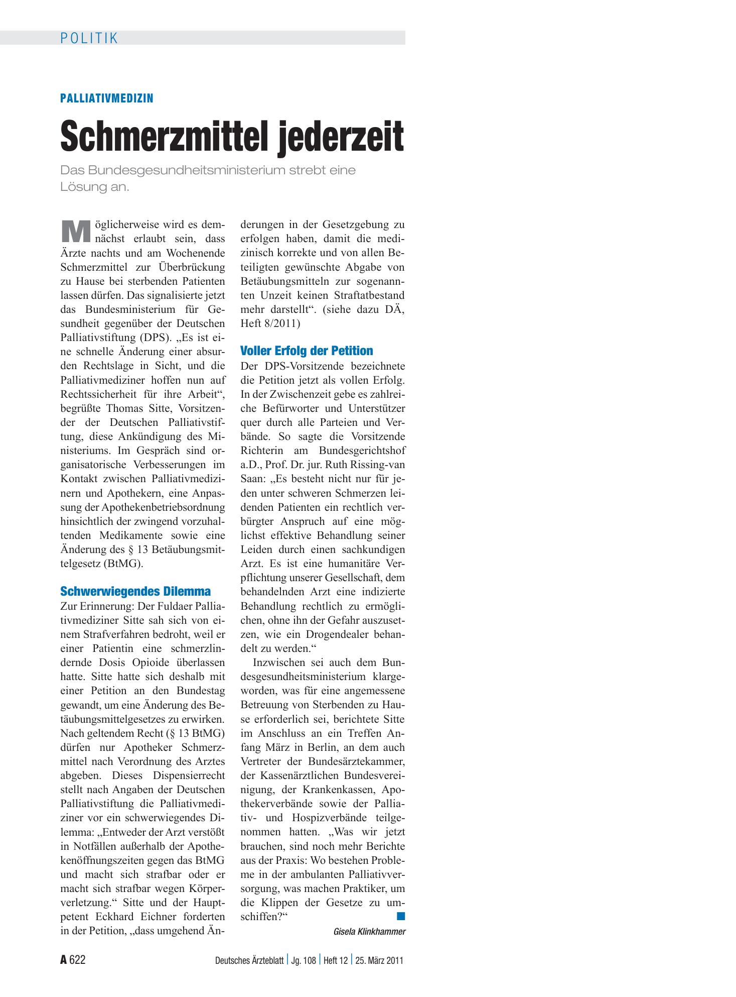 Vorschauseite 1: Palliativmedizin: Schmerzmittel jederzeit – Deutsches Ärzteblatt