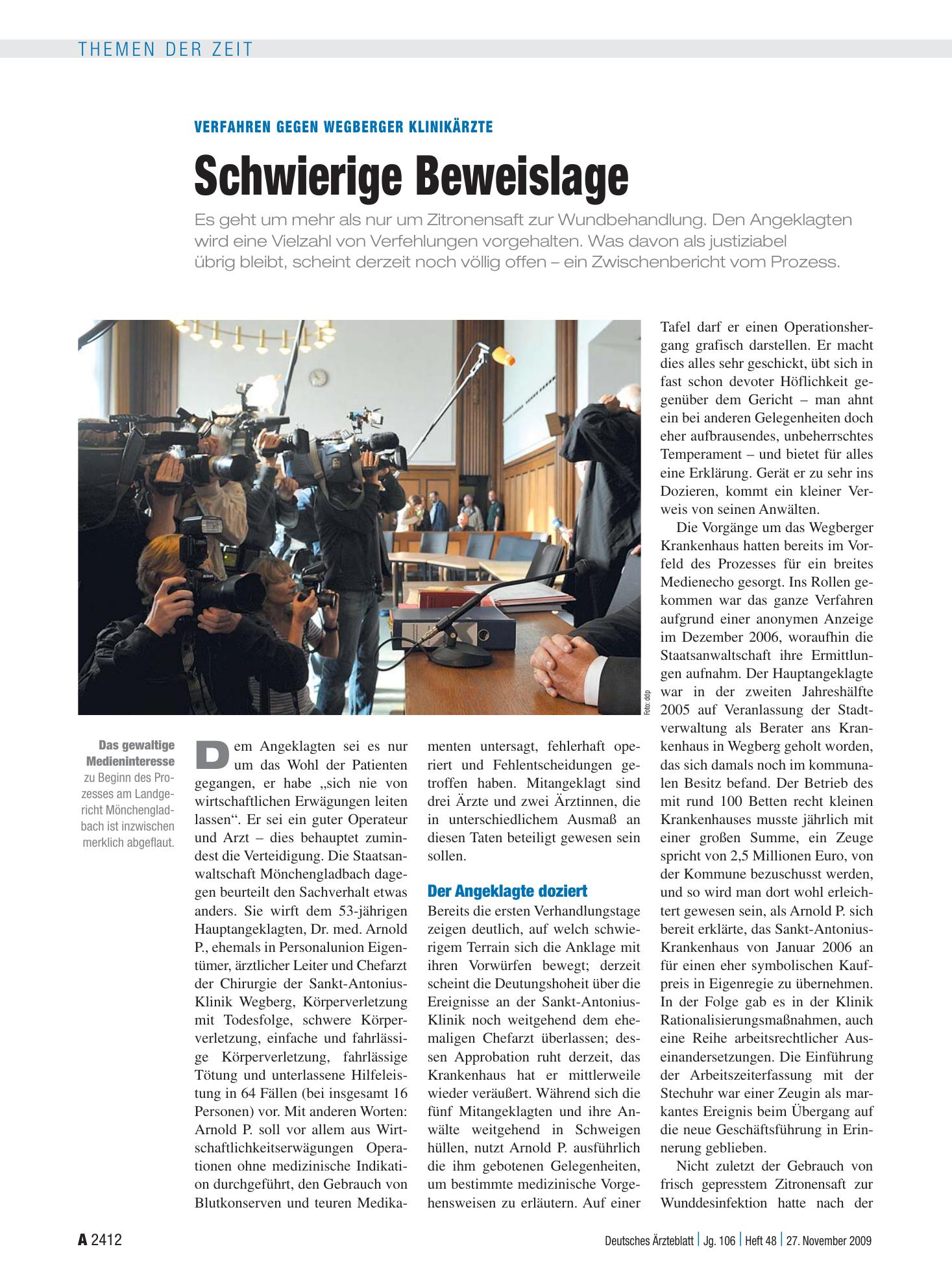 Vorschauseite 1: Verfahren gegen Wegberger Klinikärzte: Schwierige Beweislage – Deutsches Ärzteblatt