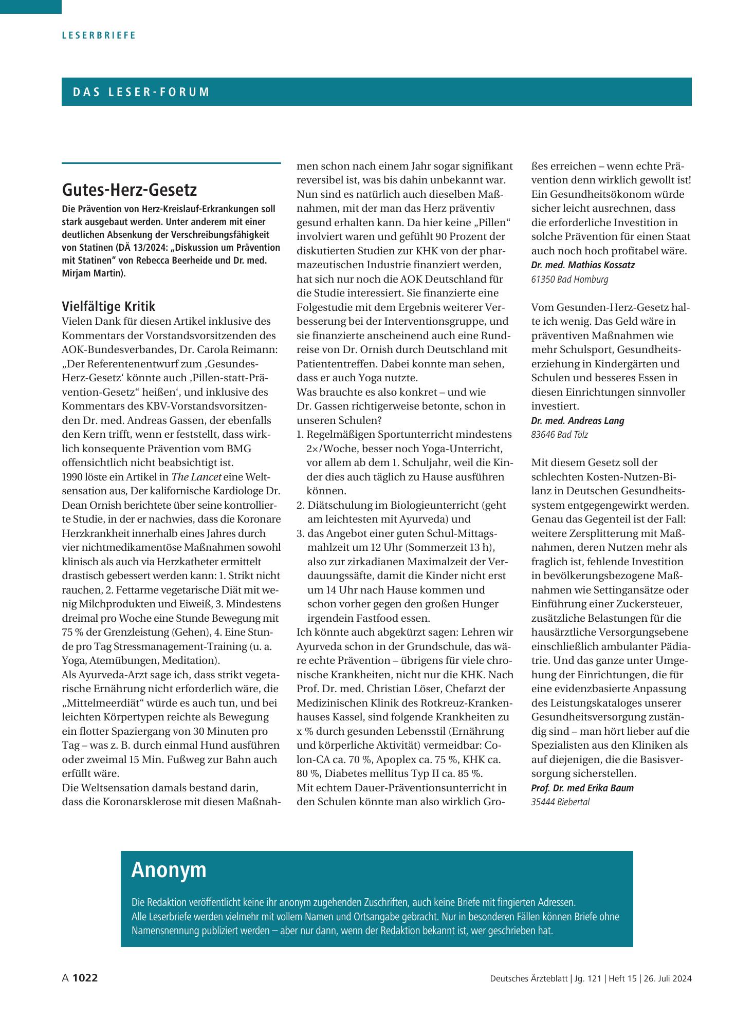 Vorschauseite 1: Gutes-Herz-Gesetz: Vielfältige Kritik – Deutsches Ärzteblatt