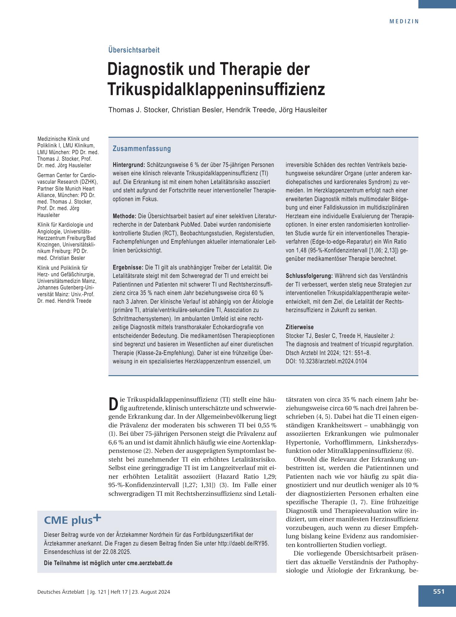 Vorschauseite 1: Diagnostik und Therapie der Trikuspidalklappeninsuffizienz – Deutsches Ärzteblatt