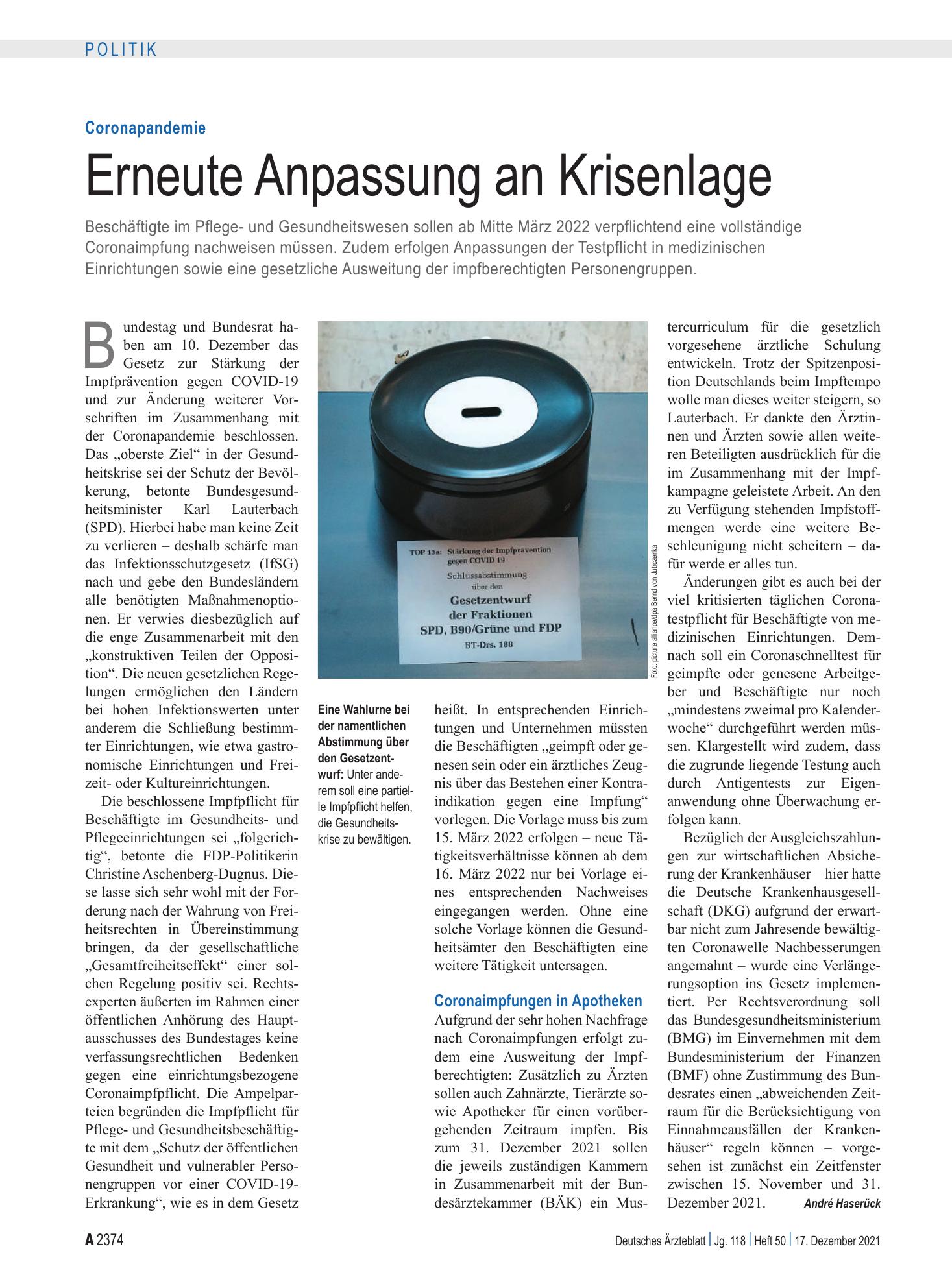Vorschauseite 1: Coronapandemie: Erneute Anpassung an Krisenlage – Deutsches Ärzteblatt
