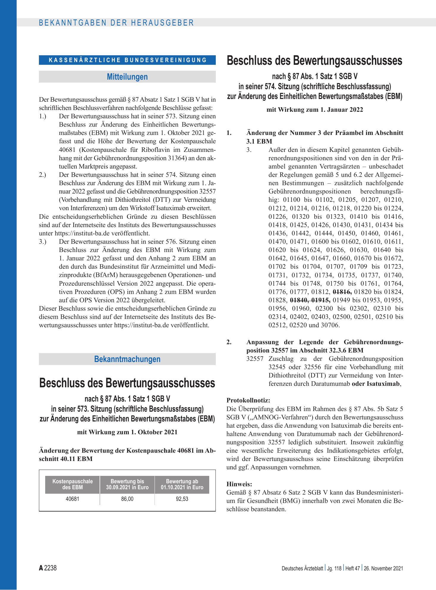 Vorschauseite 1: Beschluss des Bewertungsausschusses nach § 87 Abs. 1 Satz 1 SGB V in seiner 573. Sitzung und 574. Sitzung (schriftliche Beschlussfassung) zur Änderung des Einheitlichen Bewertungs…