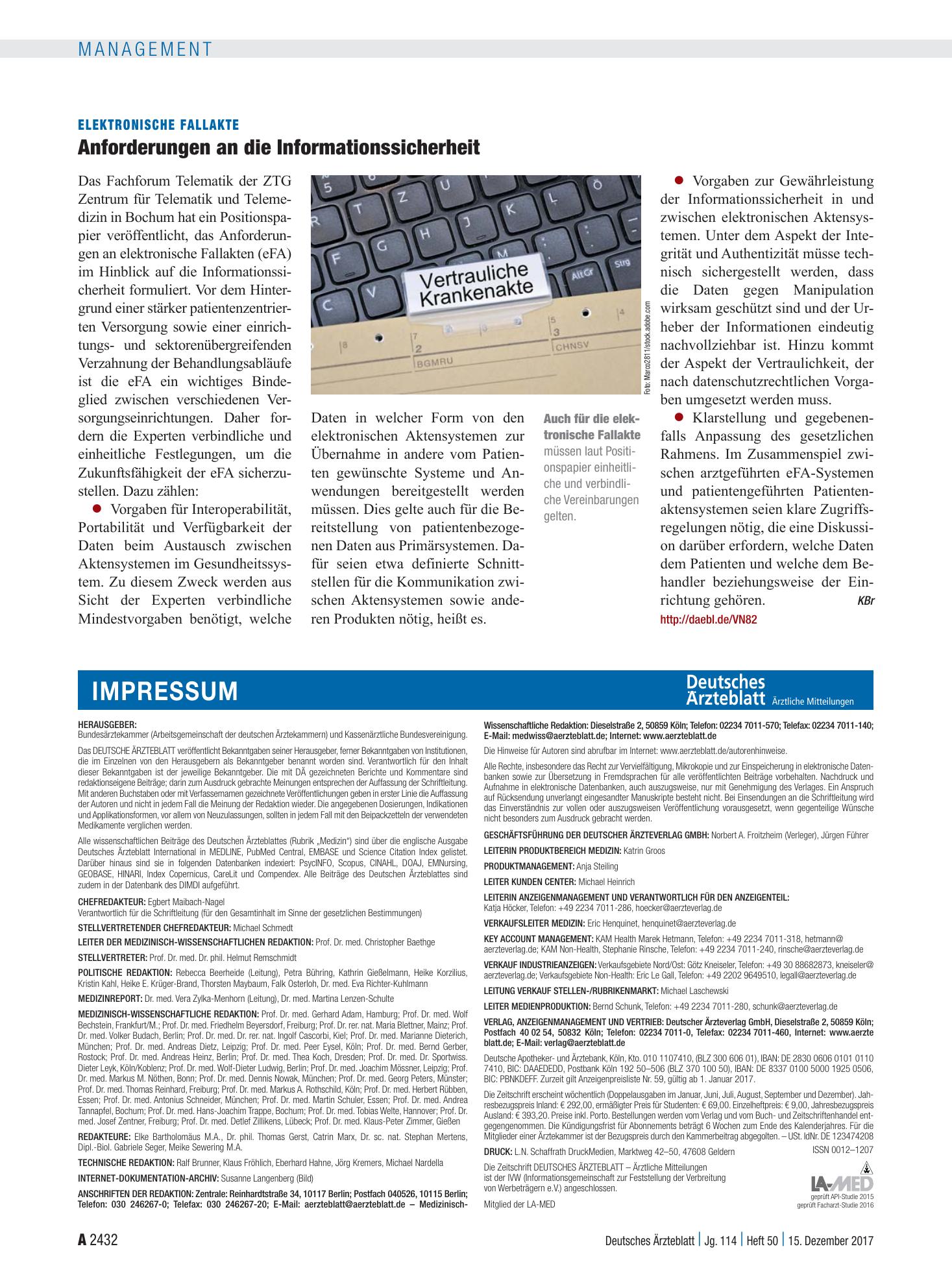 Vorschauseite 1: Elektronische Fallakte: Anforderungen an die Informationssicherheit – Deutsches Ärzteblatt