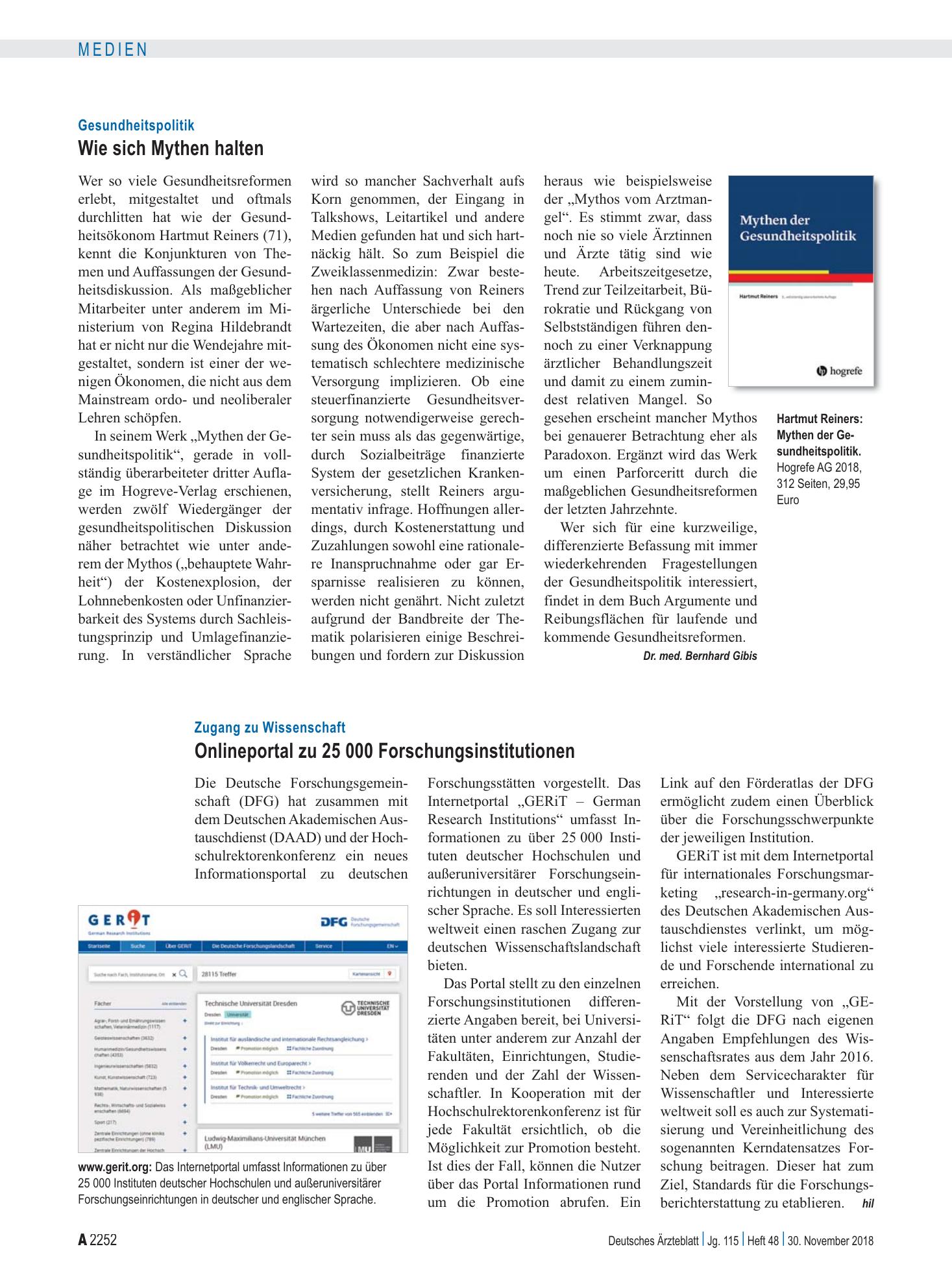 Vorschauseite 1: Zugang zu Wissenschaft: Onlineportal zu 25 000 Forschungsinstitutionen – Deutsches Ärzteblatt