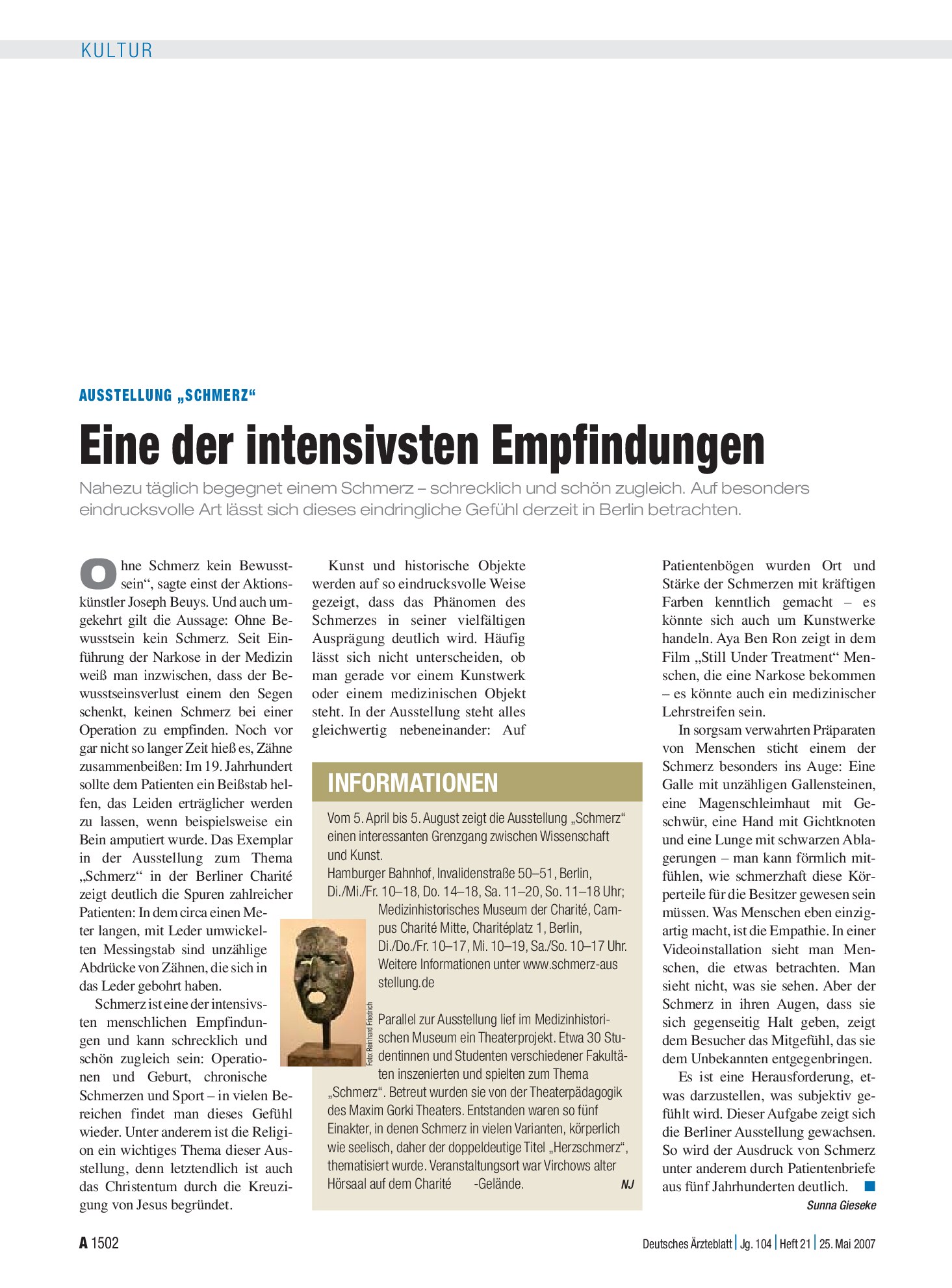 Vorschauseite 1: Informationen: Ausstellung „Schmerz“ – Deutsches Ärzteblatt