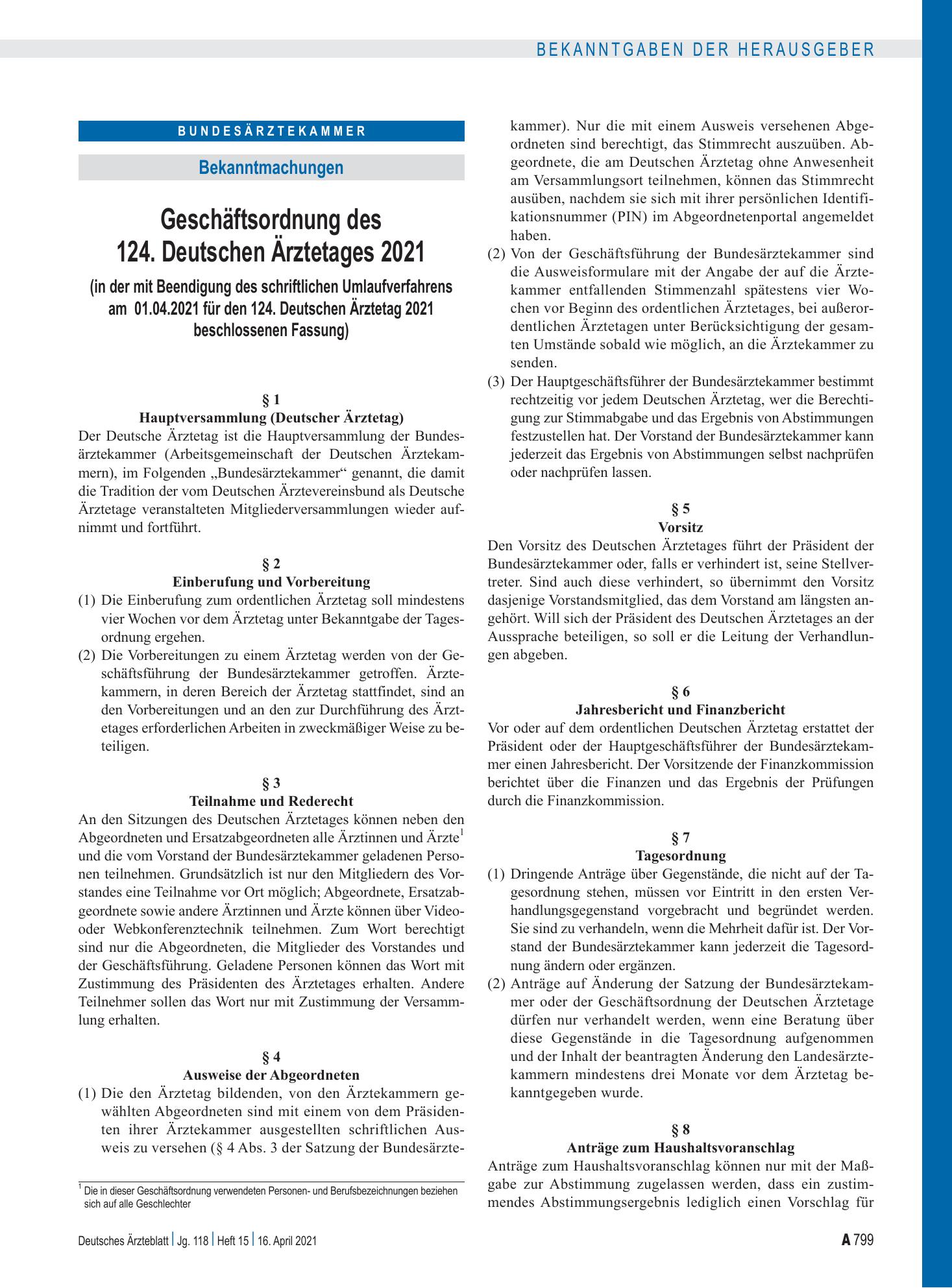 Vorschauseite 1: Geschäftsordnung des 124. Deutschen Ärztetages 2021 (in der mit Beendigung des schriftlichen Umlaufverfahrens am 01.04.2021 für den 124. Deutschen Ärztetag 2021 beschlossenen Fass…