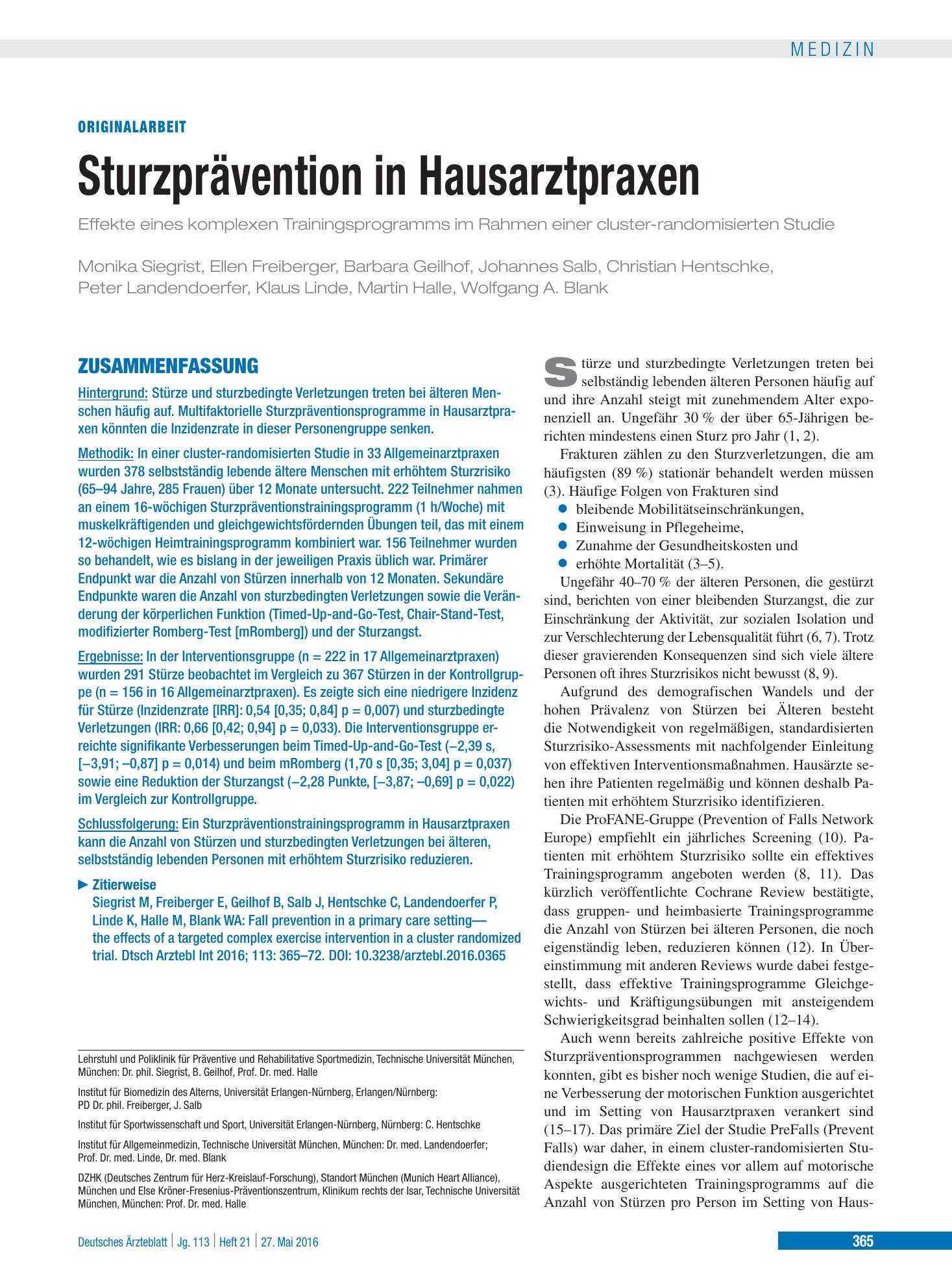 Vorschauseite 1: Sturzprävention in Hausarztpraxen – Deutsches Ärzteblatt
